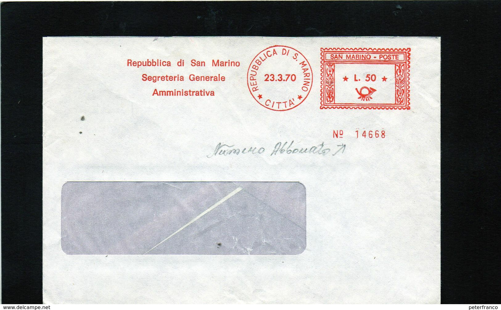 CG47 - 1970 San Marino - Busta Viaggiata - Cachet Rosso Lire 50 - Con Numero Abbonato Filatelico - Autres & Non Classés