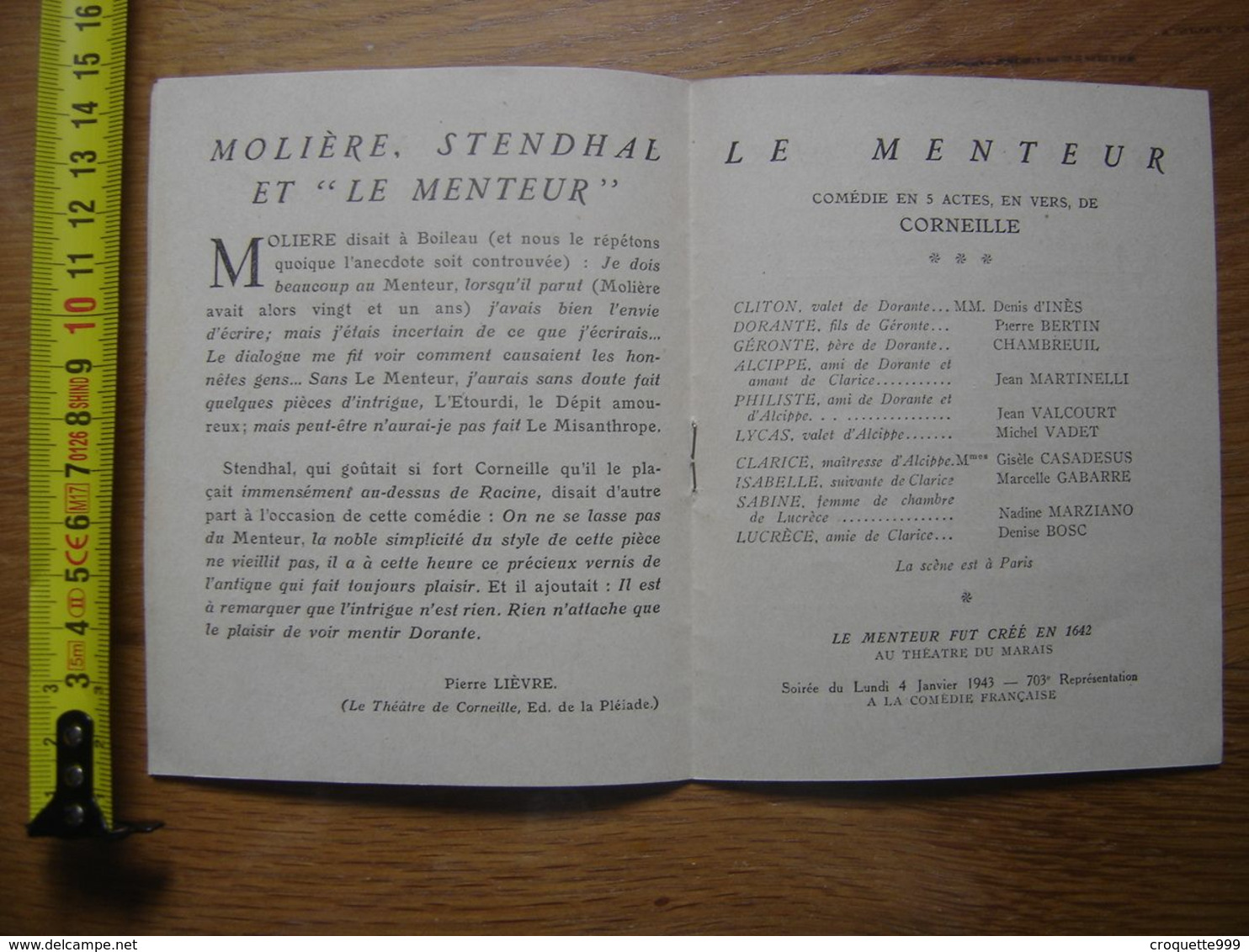 PROGRAMME COMEDIE FRANCAISE 1942 Un Caprice DE MUSSET Le Menteur CORNEILLE - Programas