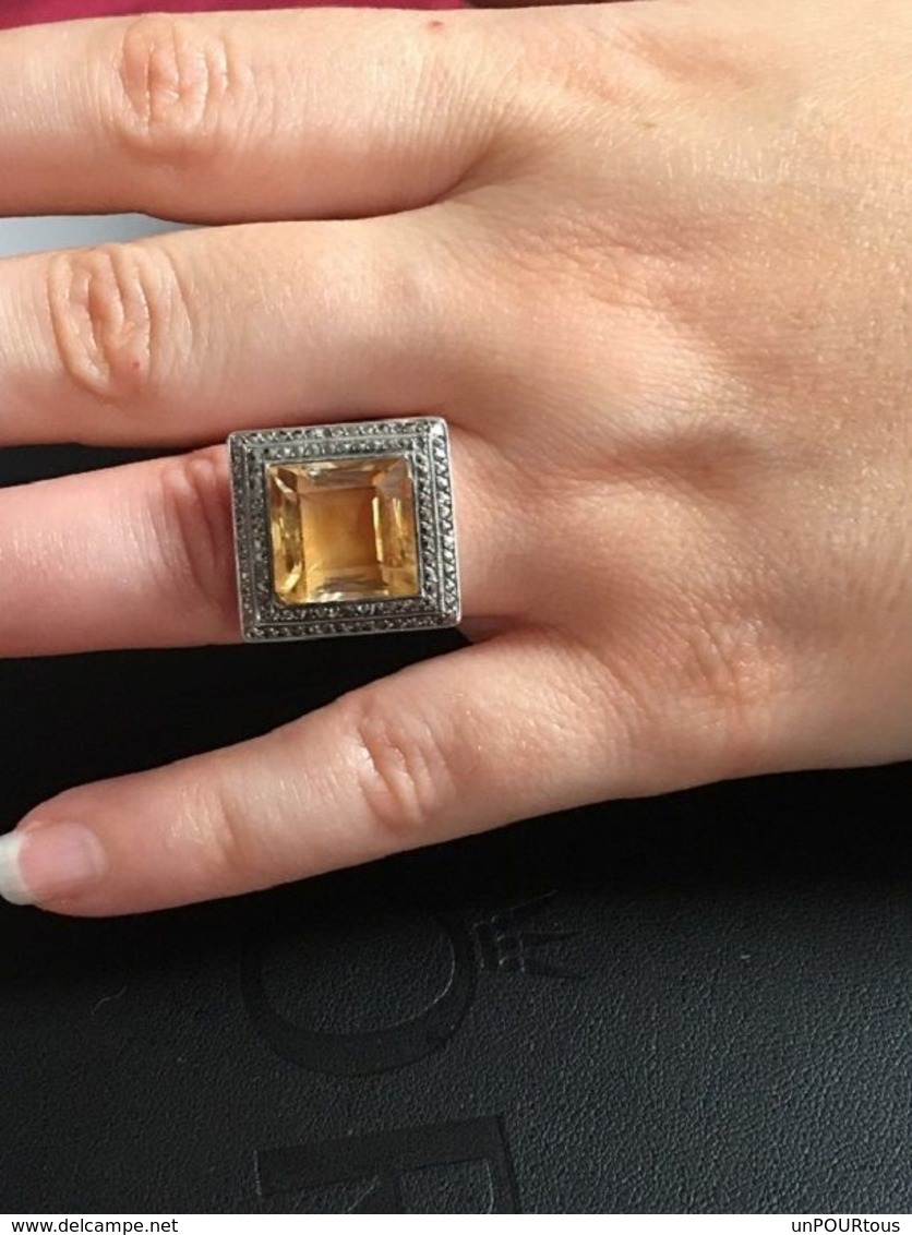 Jolie Bague En Argent Massif Sertie D'une Pierre Jaune Taille :48 - Anillos