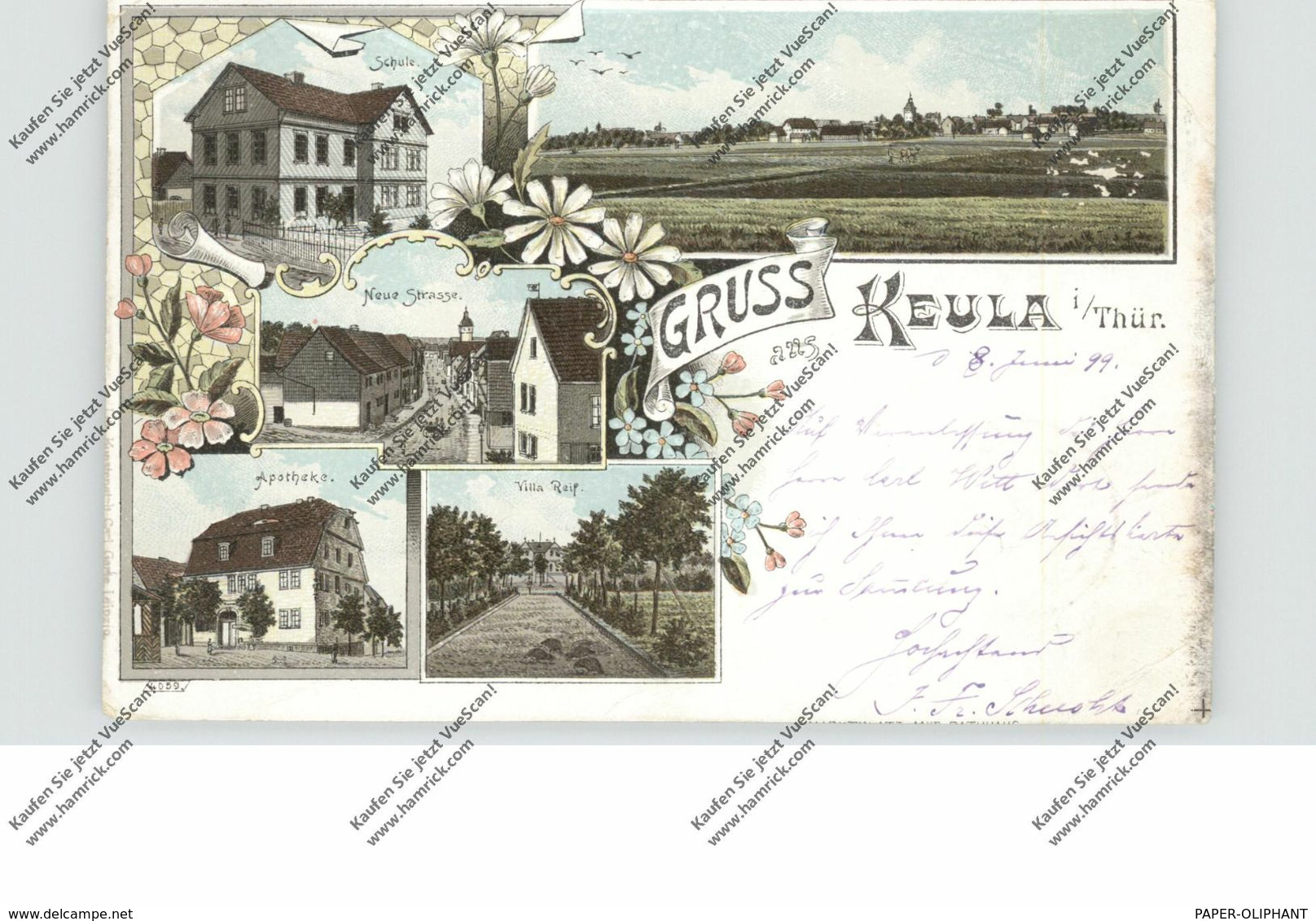 0-5401 HELBEDÜNDORF - KEULA, Lithographie 1899, Villa Reif, Apotheke, Schule, Neue Strasse, Gesamtansicht - Sondershausen