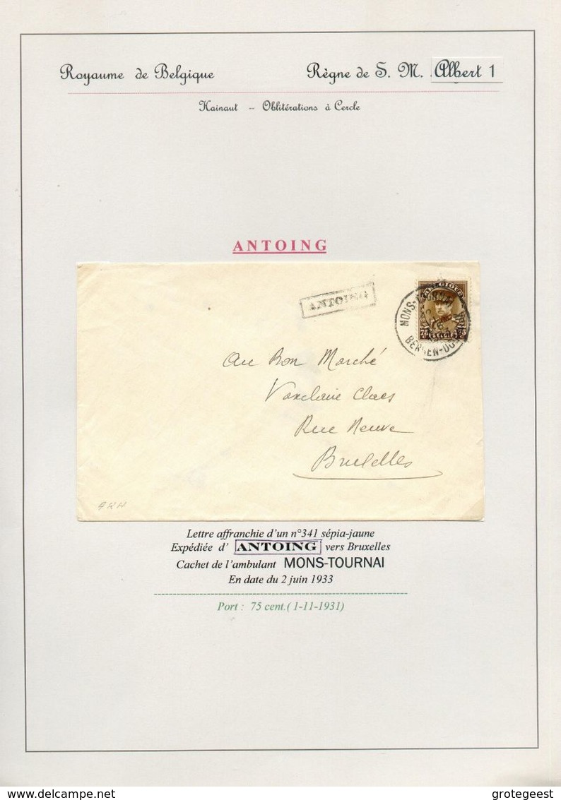 N°341 - 75 Centimes Albert KEPI Obl. Sc Ambulant MONS-TOURNAI Sur Lettre D'ANTOING (griffe Encadrée D'origine) Sdu 2 Jui - Langstempel