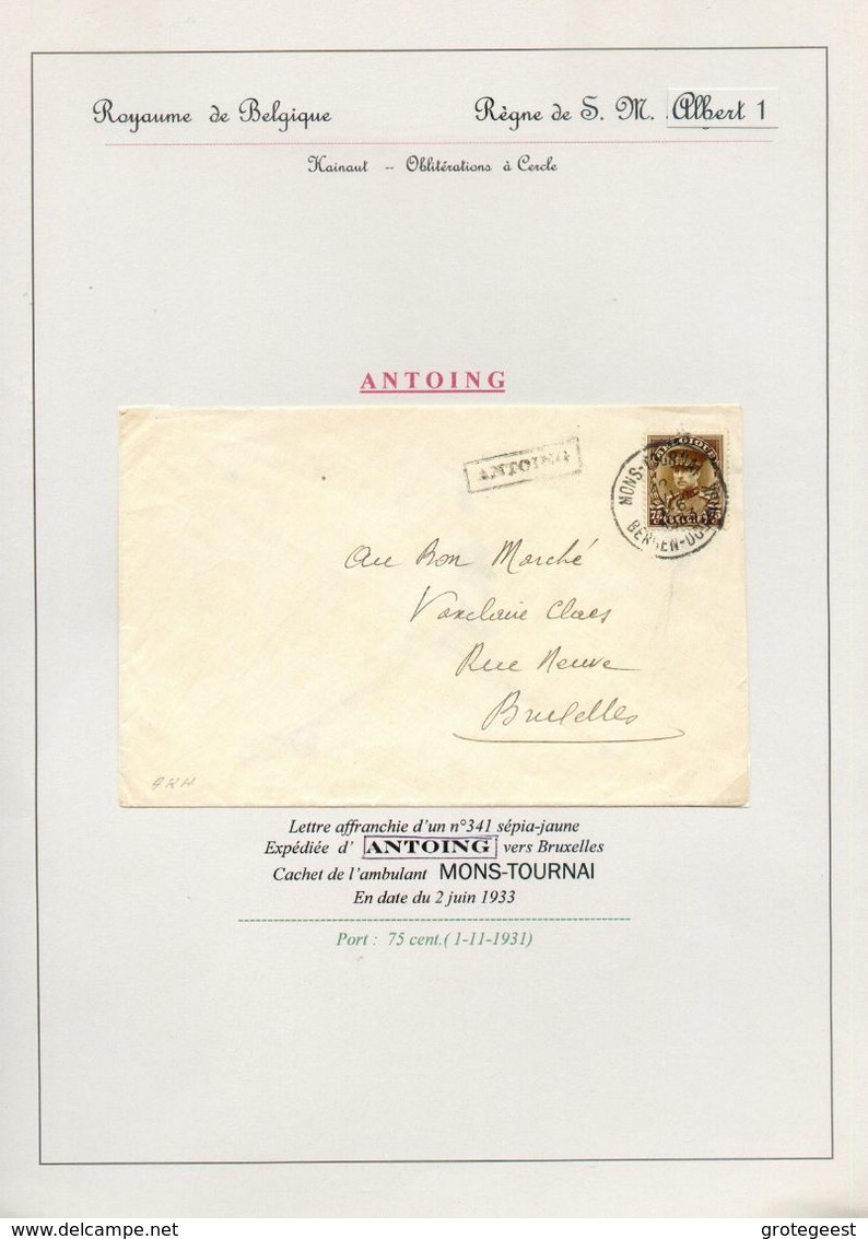 N°341 - 75 Centimes Albert KEPI Obl. Sc Ambulant MONS-TOURNAI Sur Lettre D'ANTOING (griffe Encadrée D'origine) Sdu 2 Jui - Linear Postmarks