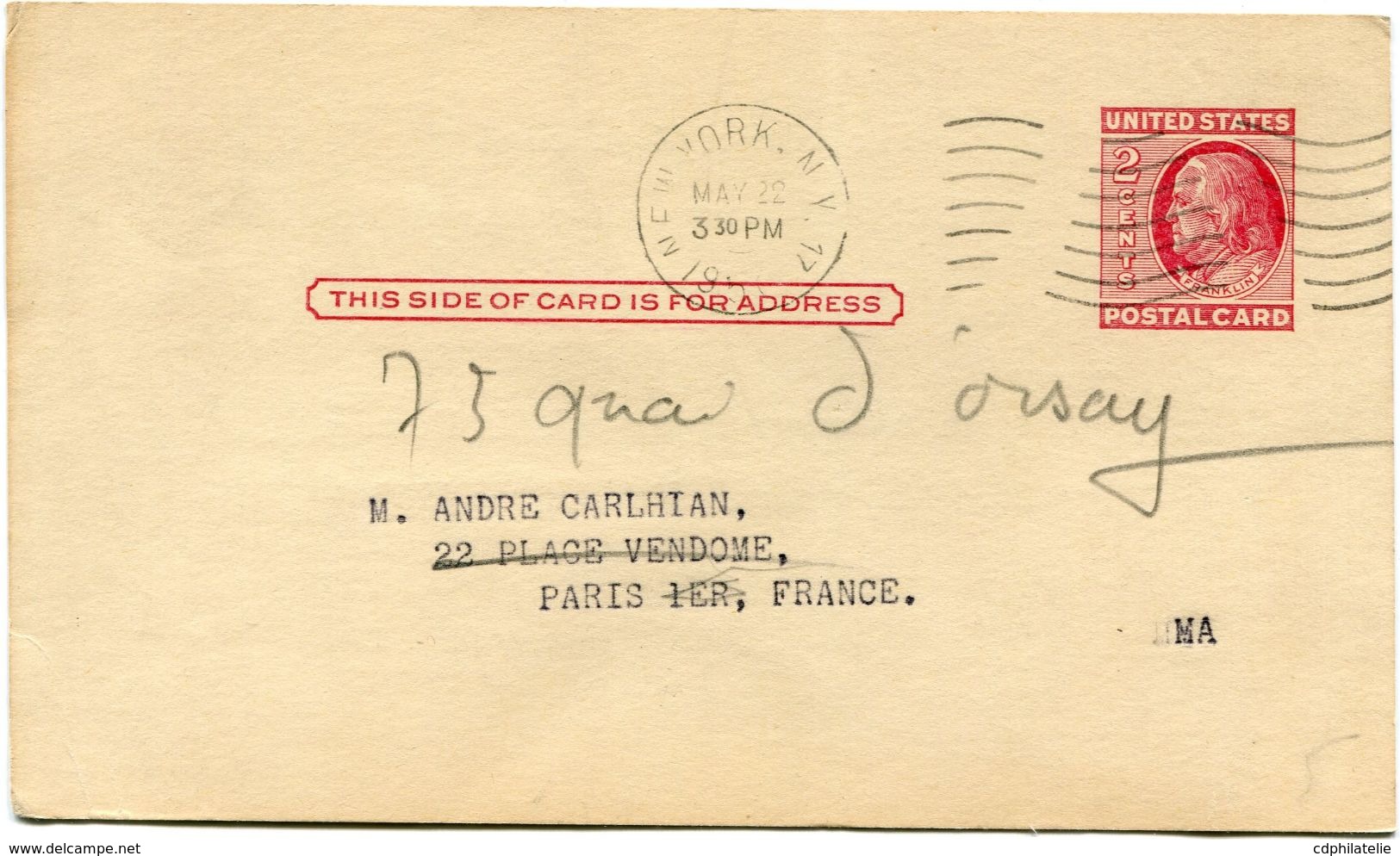 ETATS-UNIS ENTIER POSTAL NEW YORK MAY 22 1957 POUR LA FRANCE - 1941-60