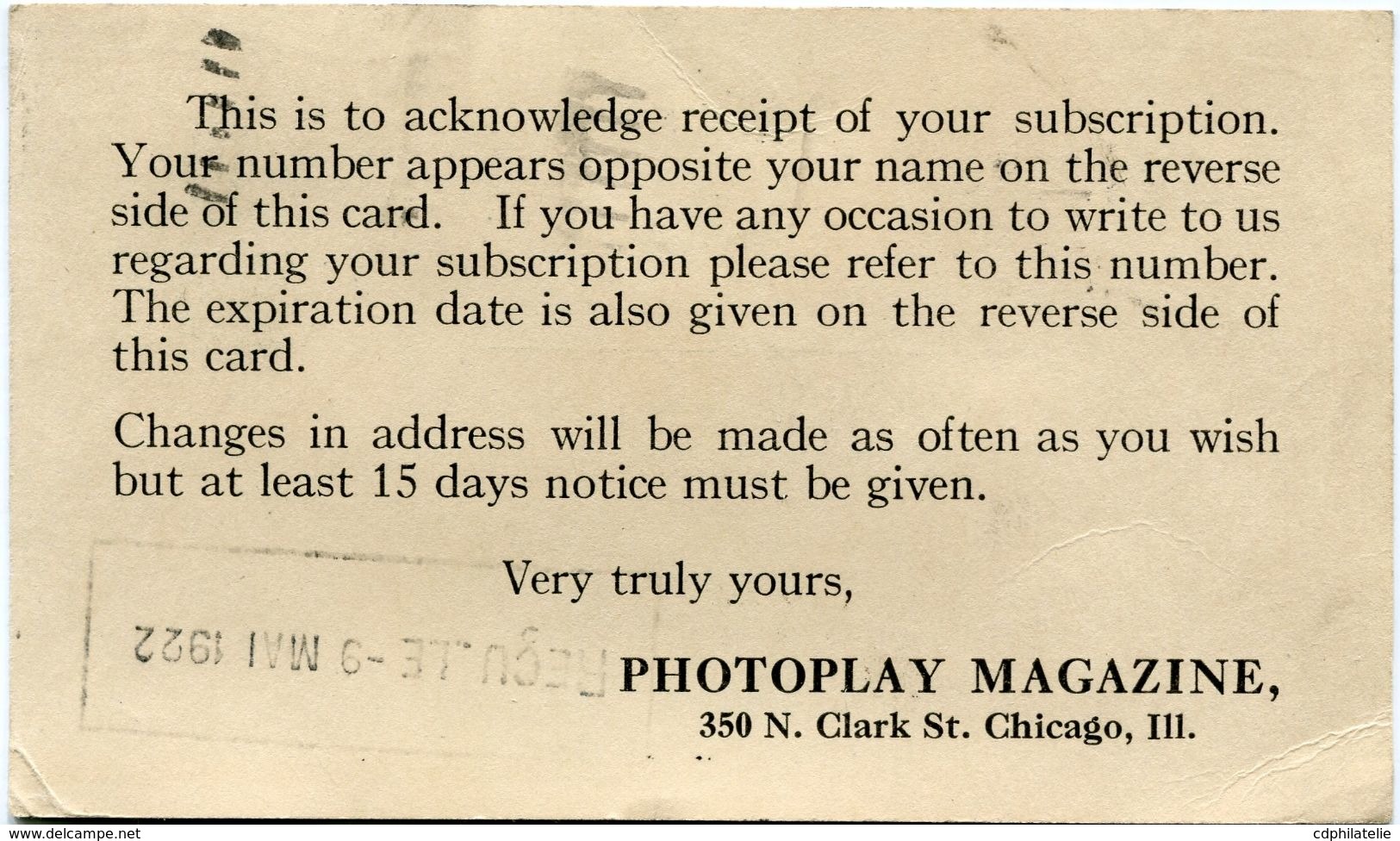 ETATS-UNIS ENTIER POSTAL AVEC AFFRANCHISSEMENT COMPLEMENTAIRE DEPART CHICAGO APR 25 1922 POUR LA FRANCE - 1921-40