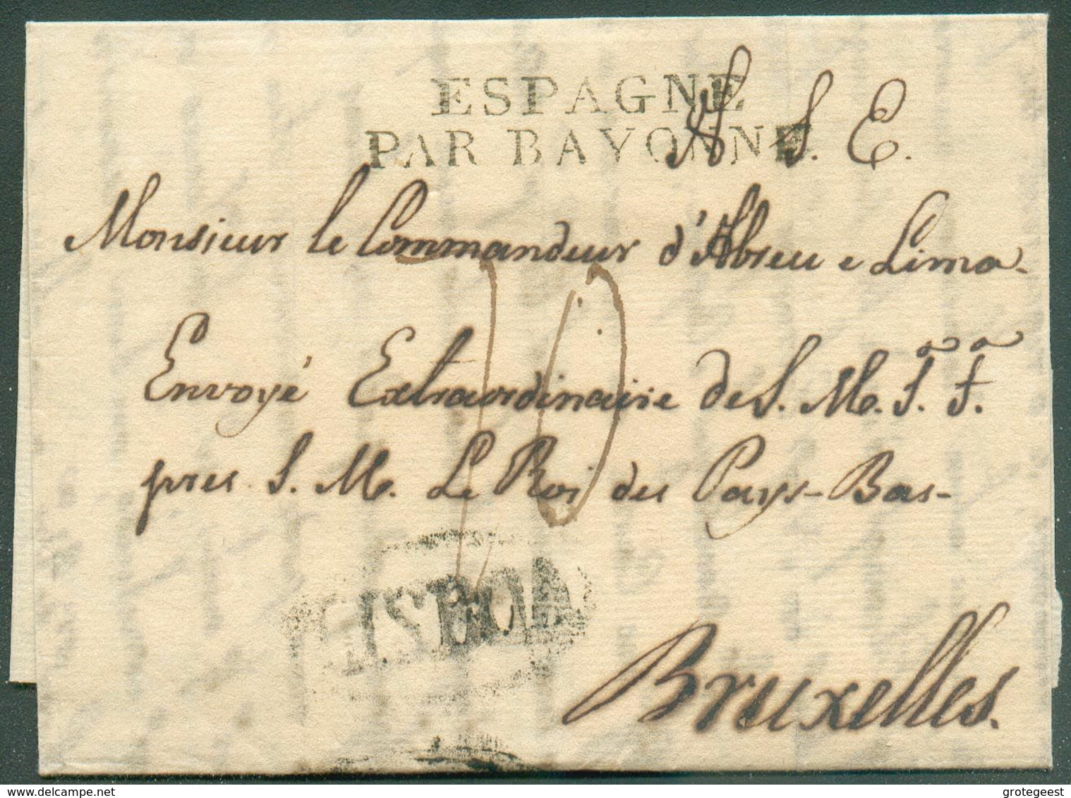 LAC Du Portugal, Griffe LISBOA (ovale) le 31/01/1827 Vers Bruxelles + Griffe ESPAGNE PAR/ BAYONNE.  Port '10'. RR. - TB. - ...-1853 Préphilatélie