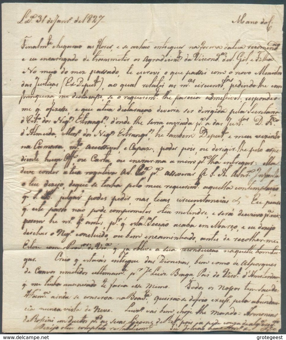 LAC Du Portugal, Griffe LISBOA (ovale) le 31/01/1827 Vers Bruxelles + Griffe ESPAGNE PAR/ BAYONNE.  Port '10'. RR. - TB. - ...-1853 Préphilatélie