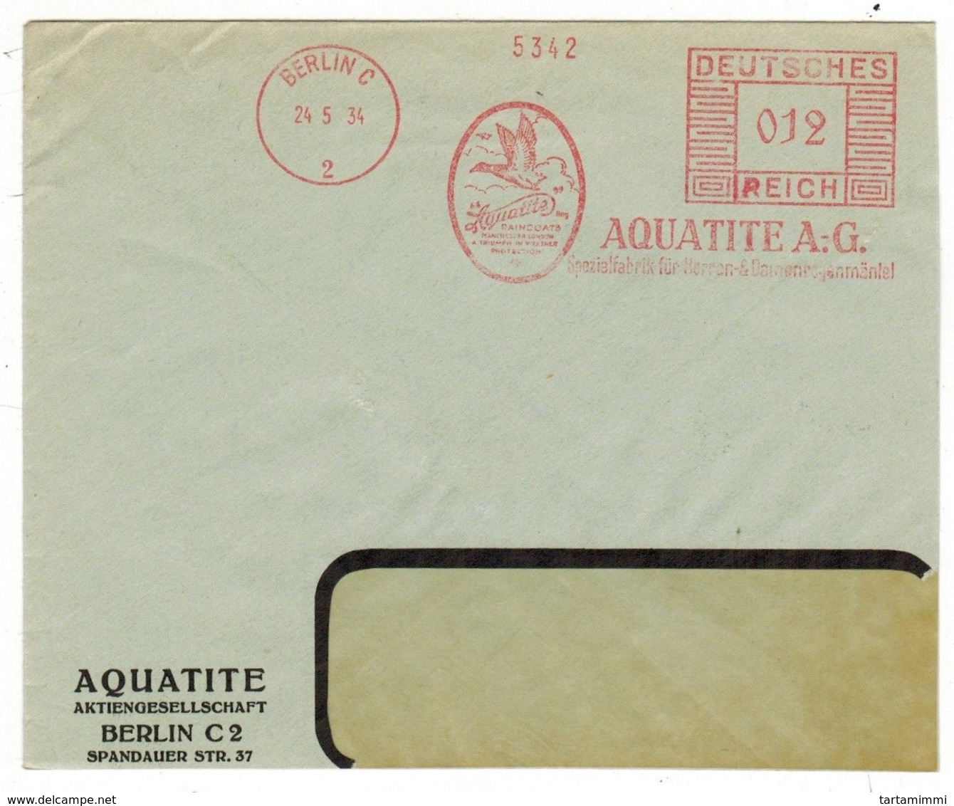 EMA METER STAMP FREISTEMPEL DEUTSCHES REICH AQUATITE 1934 - MALLARD DUCK BIRD CANARD GERMANO REALE Stockente - Mechanical Postmarks (Advertisement)