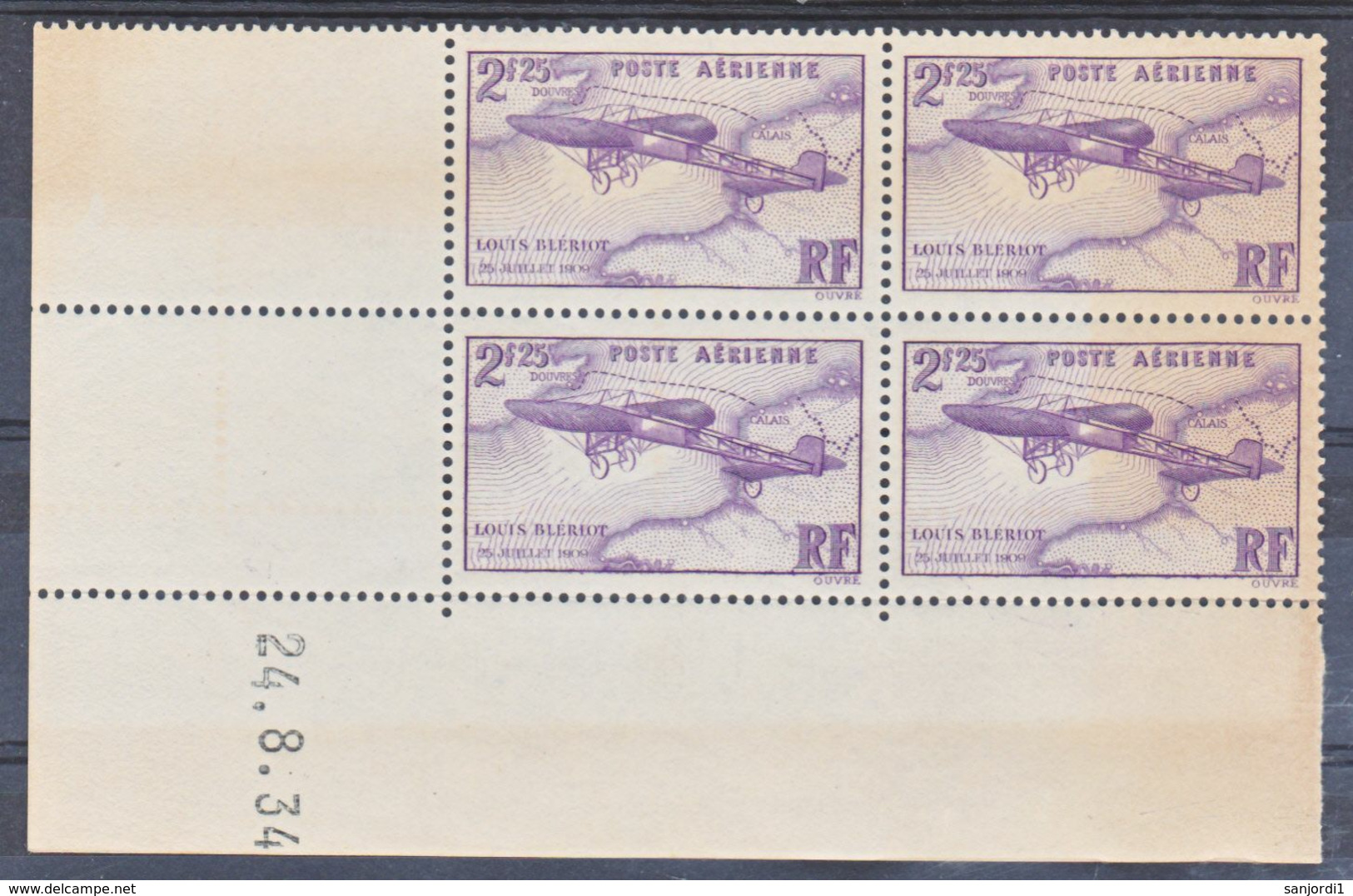 France PA   7 Blériot Bloc De 4 Coin Daté 24 8 1934 Papier Jauni Par Endroit Pas De Rouille Neuf ** TB MnH Sin Charnela - Airmail