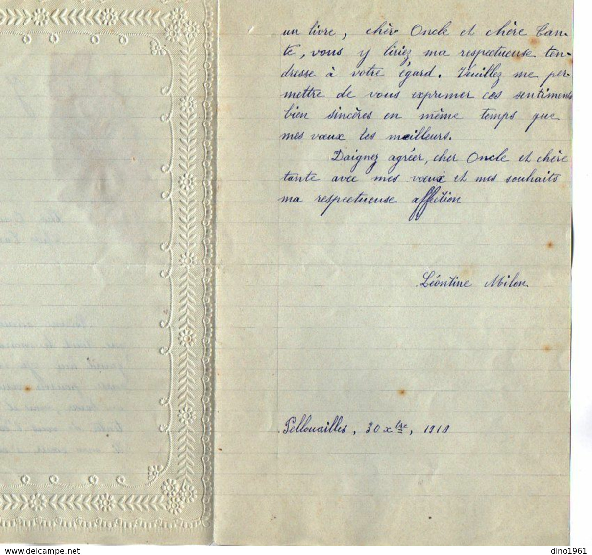 VP17.240 - 1919 - Lettre Illustrée Papier Gaufré Double Page Avec Découpi Fleurs - Melle Léontine MILON à PELLOUAILLES - Fleurs
