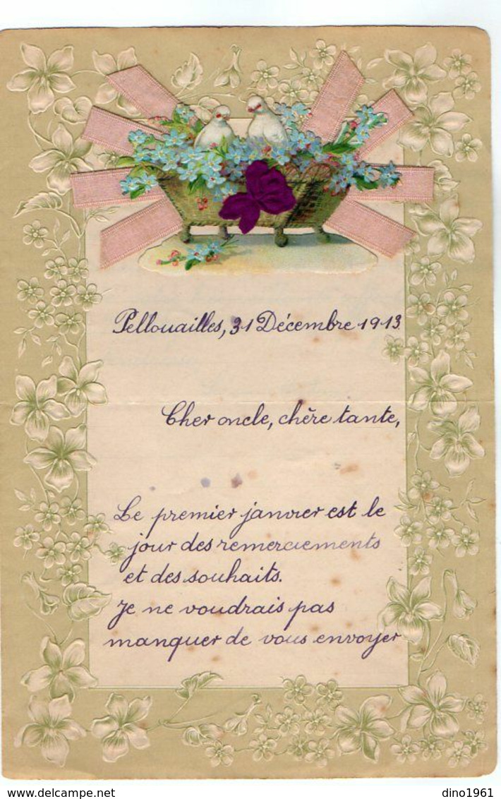 VP17.243 - 1913 - Lettre Illustrée Papier Gaufré Double Page Avec Découpi Fleurs & Oiseau - Mr Léon MILON à PELLOUAILLES - Fleurs