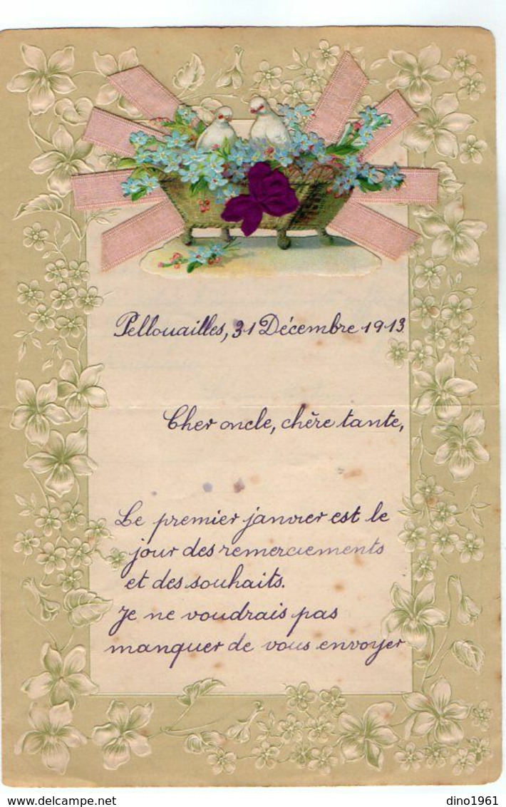 VP17.243 - 1913 - Lettre Illustrée Papier Gaufré Double Page Avec Découpi Fleurs & Oiseau - Mr Léon MILON à PELLOUAILLES - Fiori