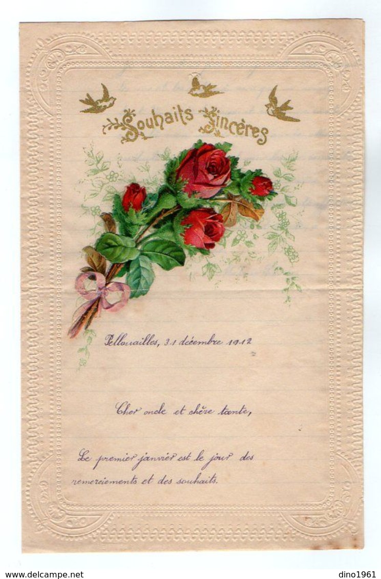 VP17.244 - 1912 - Lettre Illustrée Papier Gaufré Double Page Avec Découpi Fleurs & Oiseau - Mr Léon MILON à PELLOUAILLES - Fiori