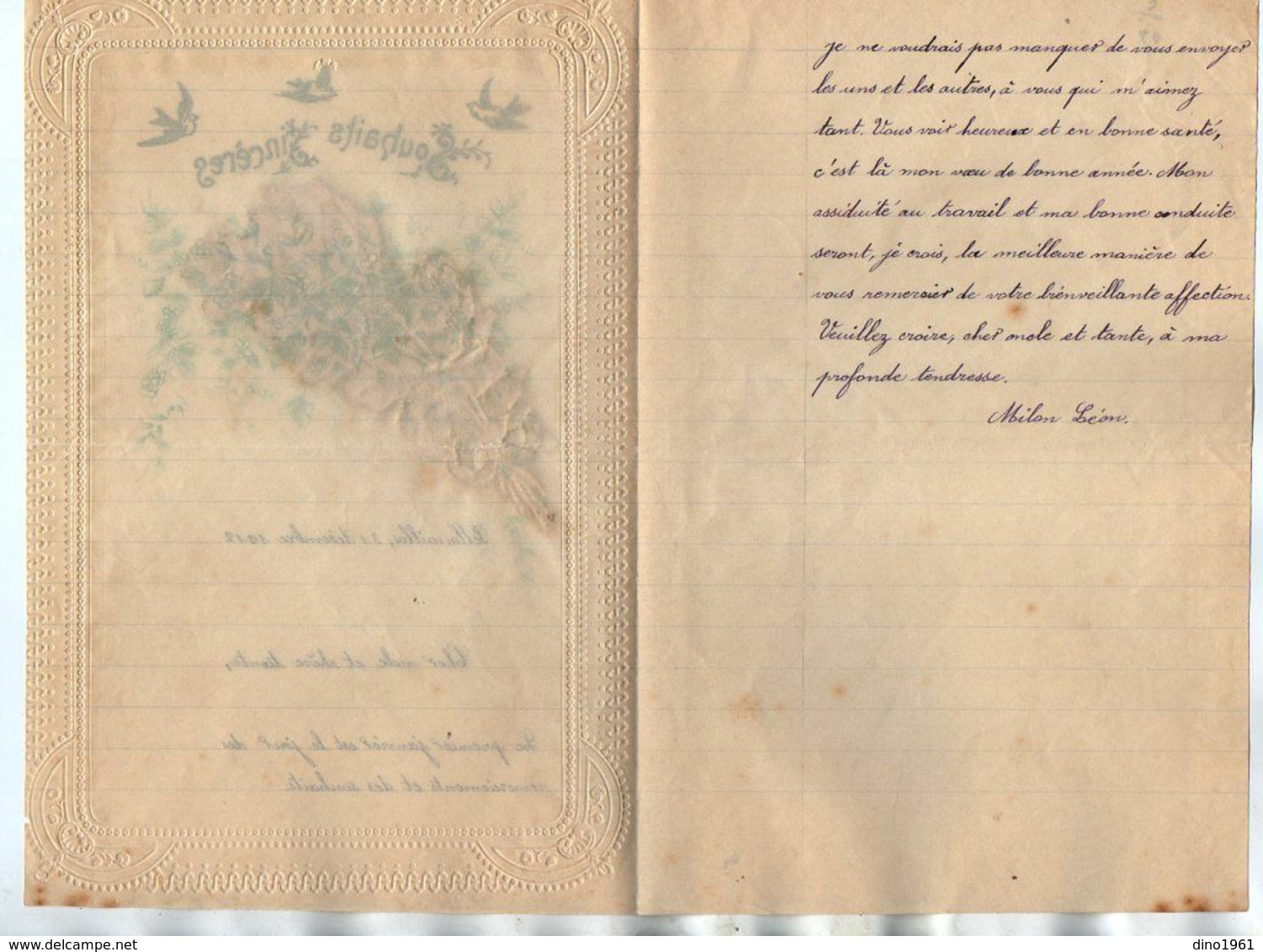 VP17.244 - 1912 - Lettre Illustrée Papier Gaufré Double Page Avec Découpi Fleurs & Oiseau - Mr Léon MILON à PELLOUAILLES - Bloemen