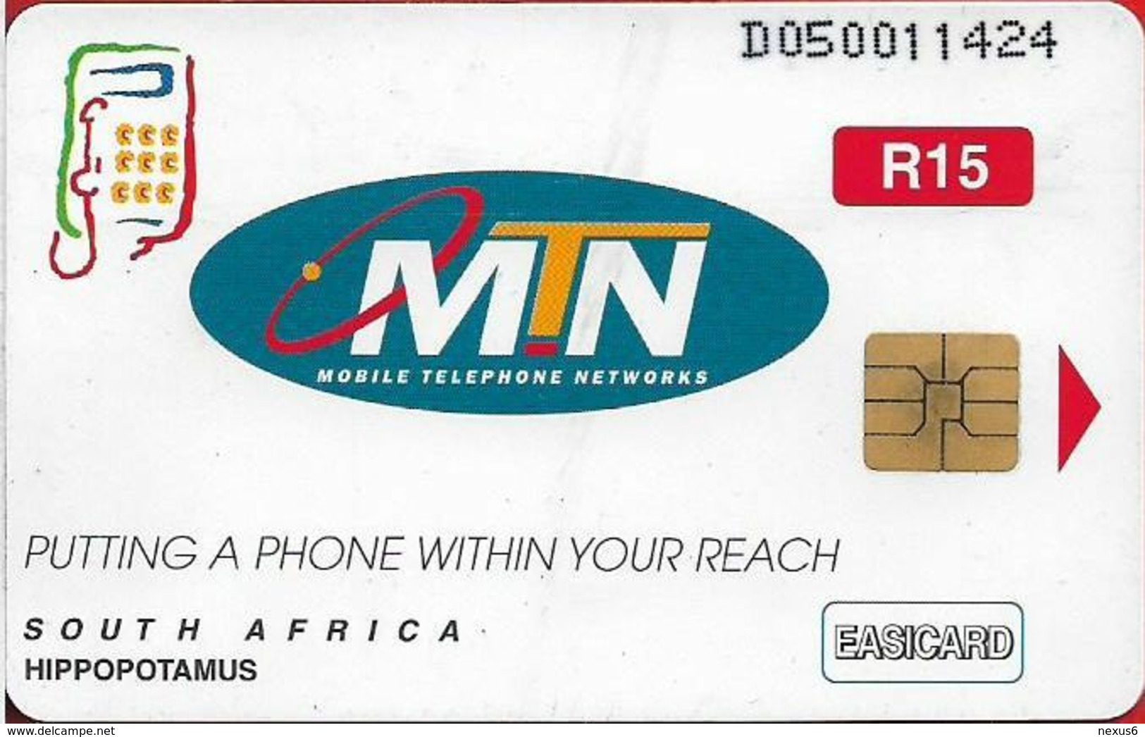 S. Africa - MTN - African Animals - Hippopotamus, R15, Solaic, Cn. Long, 1999, 100.000ex, Used - Südafrika