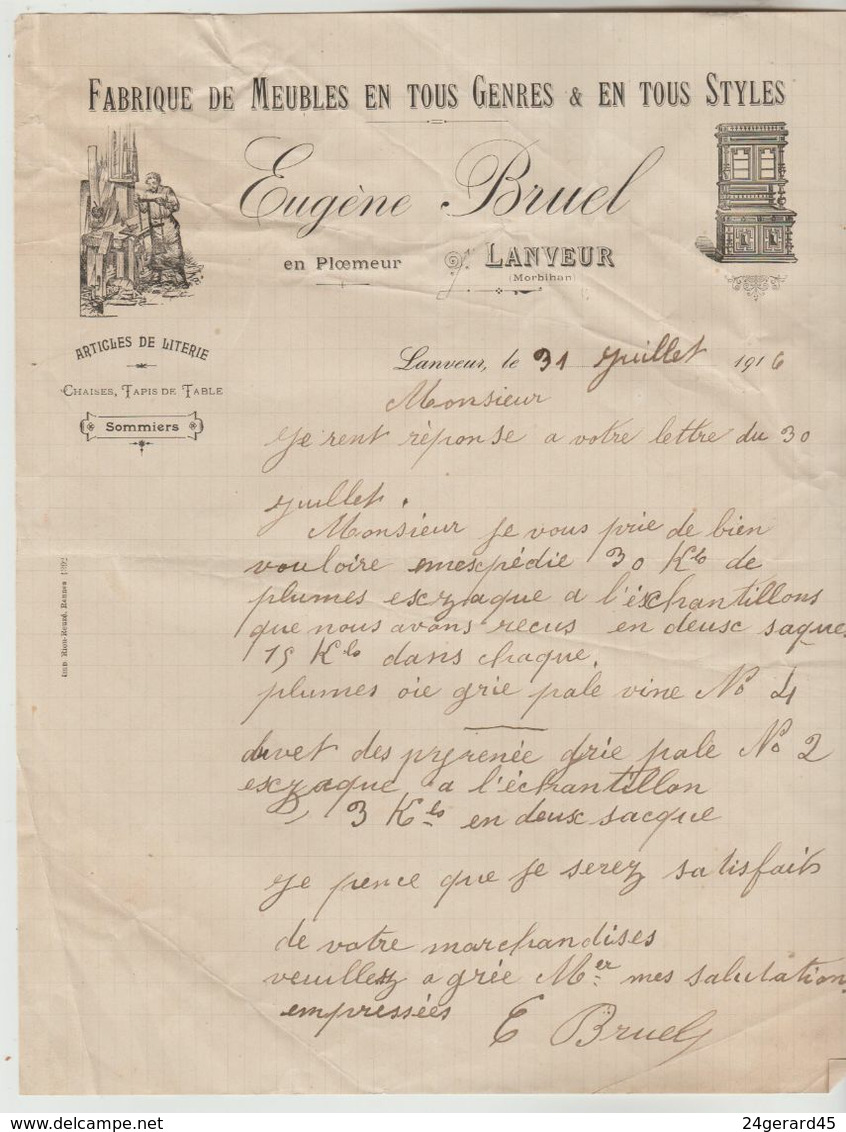 2 FACTURES MORBIHAN - Fabrique Meubles Eugène Bruel PLOEMEUR, Epicerie Des Halles Julien Juhel PLOERMEL - 1900 – 1949