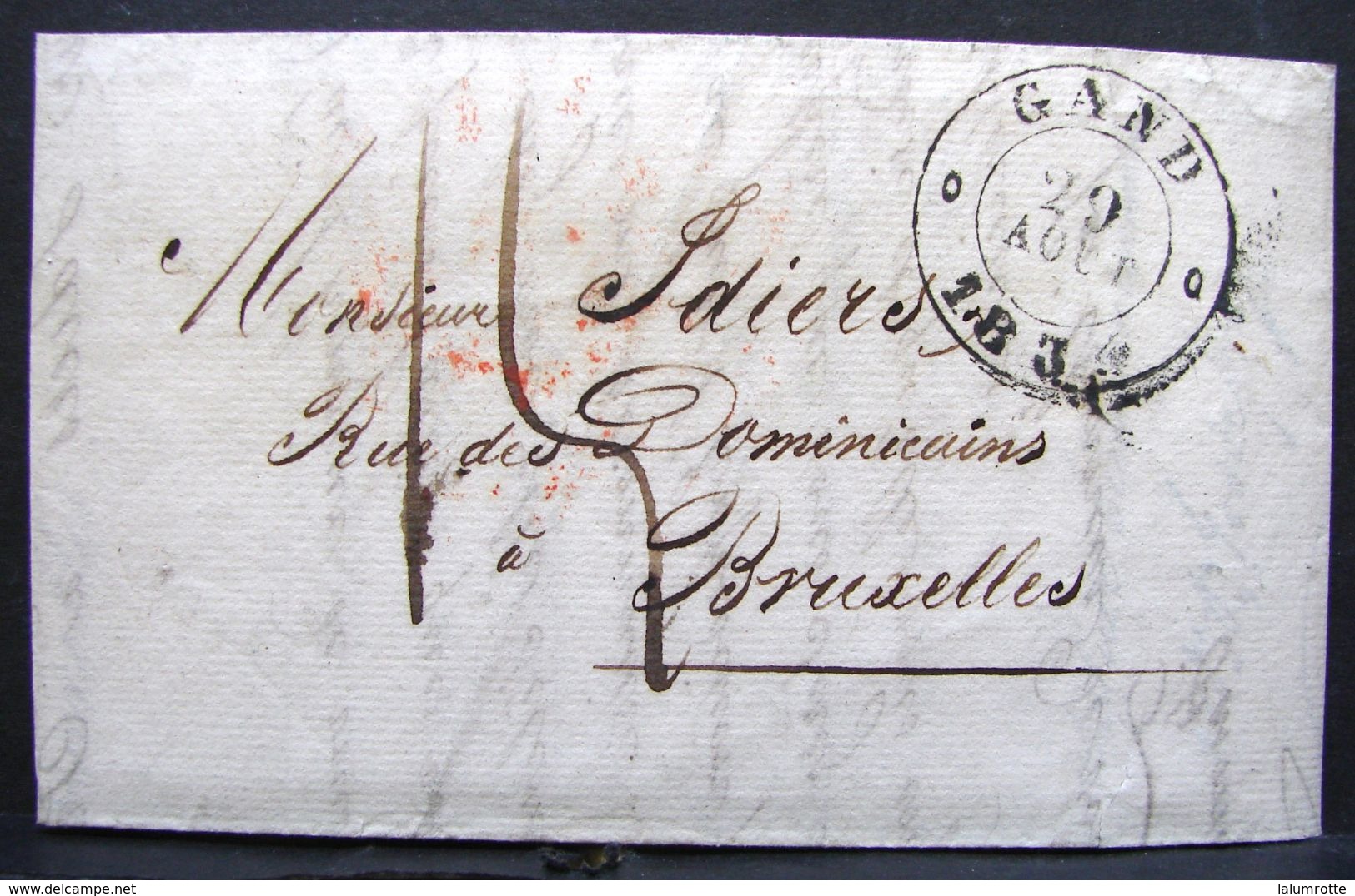 PLTiClA. 1. LAC Envoyée De Gand Vers Bruxelles Le 29 Août 1834. Oblitération Noir Et Rouge - 1830-1849 (Belgique Indépendante)
