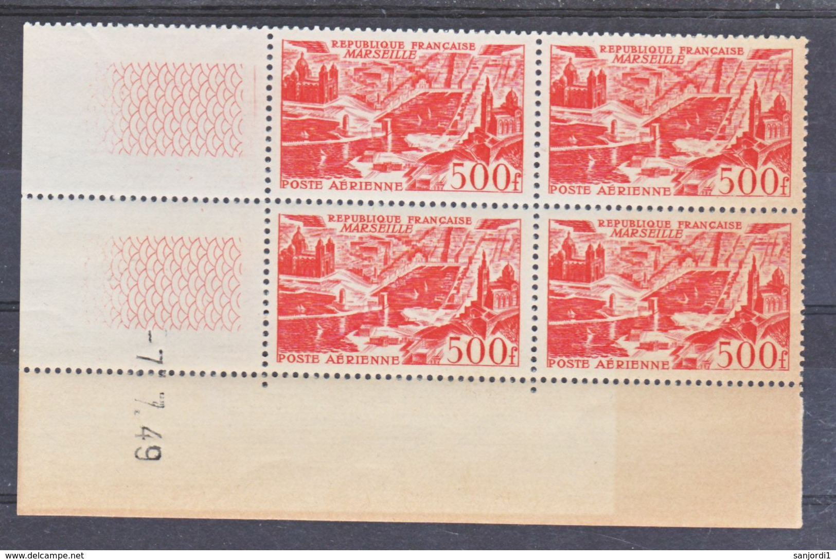 France PA  27 Marseille Bloc De 4 Coin Daté 7 7 1949 Papier Jauni Bord Droit Neuf ** TB MNH Cote 350 - Luftpost