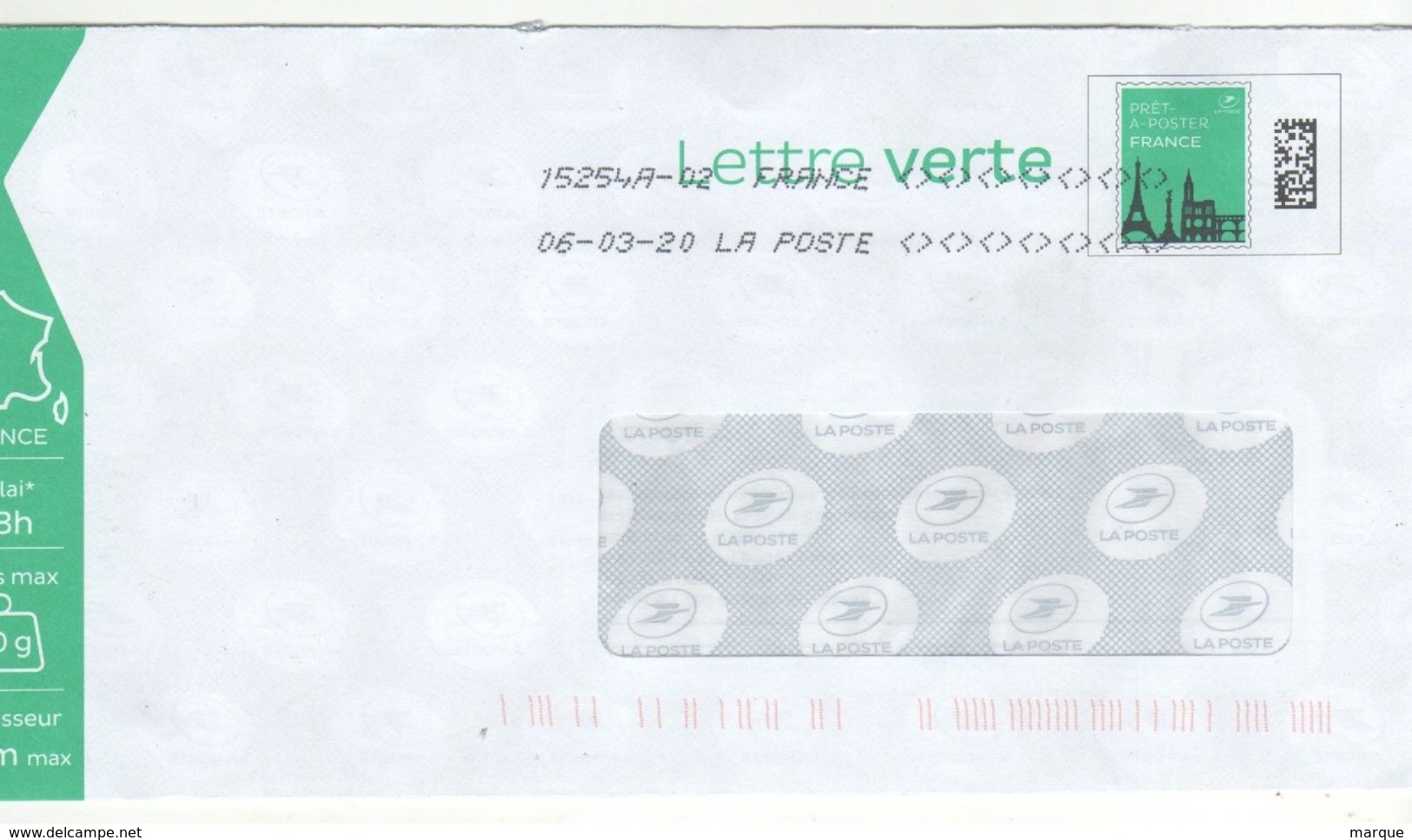 Enveloppe FRANCE Prêt à Poster Lettre Verte Oblitération LA POSTE 15254A-02 06/03/2020 - Prêts-à-poster:  Autres (1995-...)