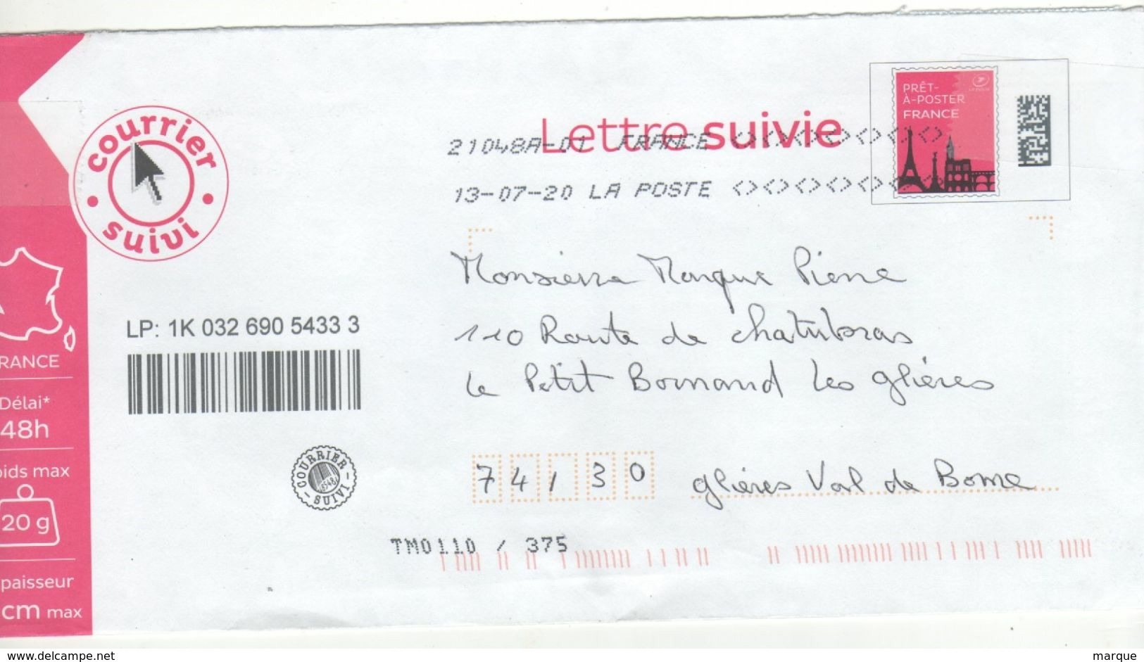 Enveloppe FRANCE Prêt à Poster Lettre Suivie Oblitération LA POSTE 21048A-01 13/07/2020 - Prêts-à-poster:  Autres (1995-...)