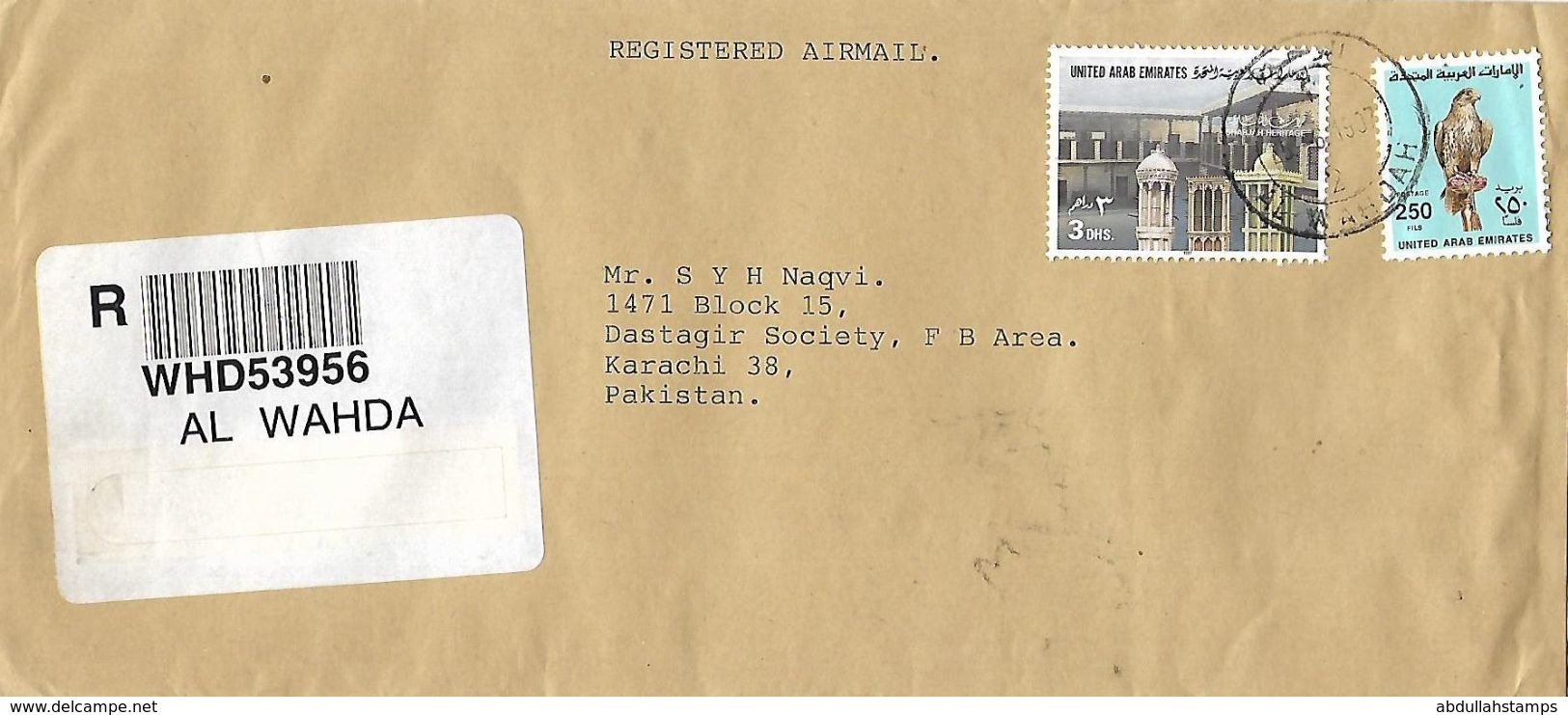 UAE (UNITED ARAB EMIRATES)  1997   REGISTERED AIRMAIL COVER TO PAKISTAN . - Ver. Arab. Emirate