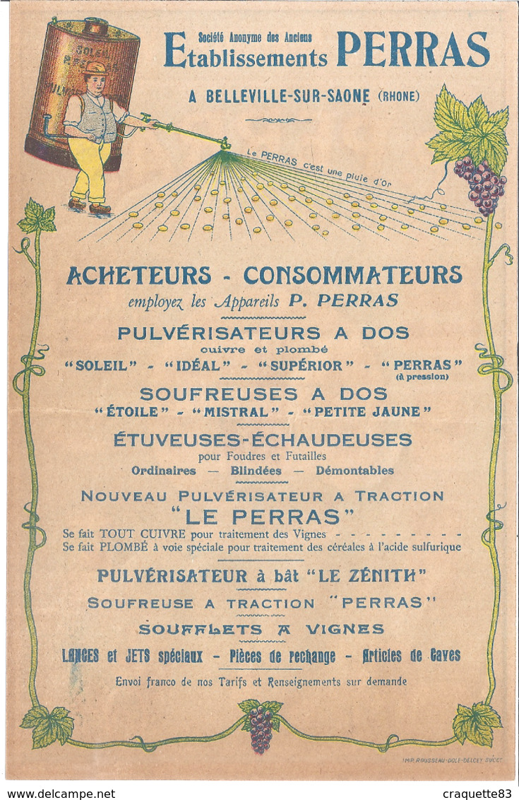 ETABLISSEMENTS PERRAS  BELLEVILLE-SUR-SAONE- PULVERISATEURS "soleil" Idéal" "supérior" "perras" - 1900 – 1949