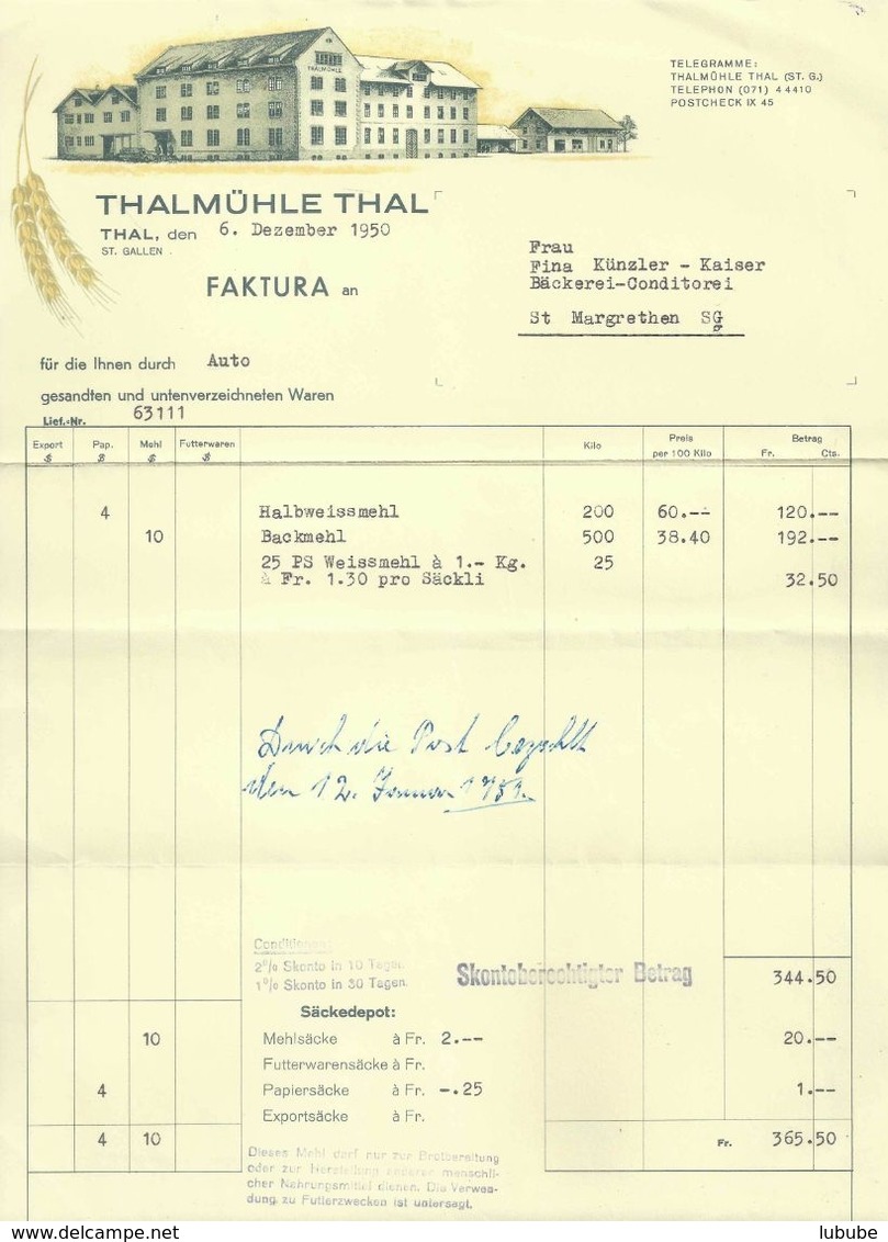 Rechnung  "Thalmühle Thal"          1950 - Schweiz