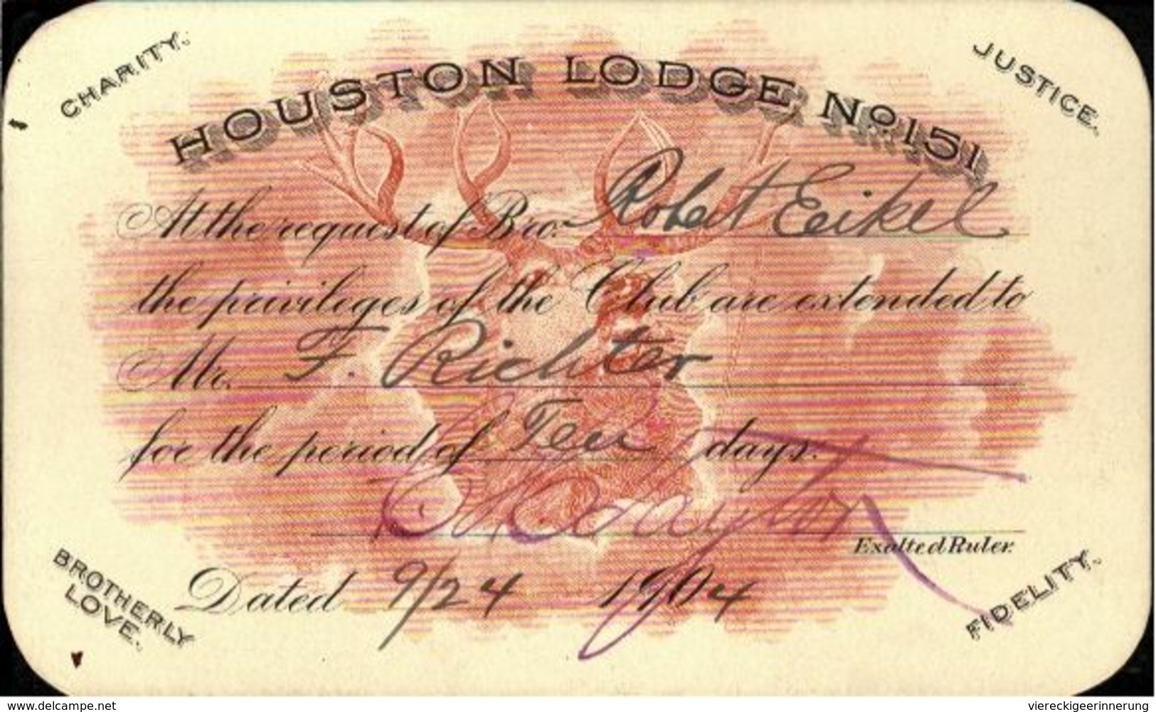 ! Eintrittskarte Houston Lodge, 1904, USA, Texas, Ticket - Houston