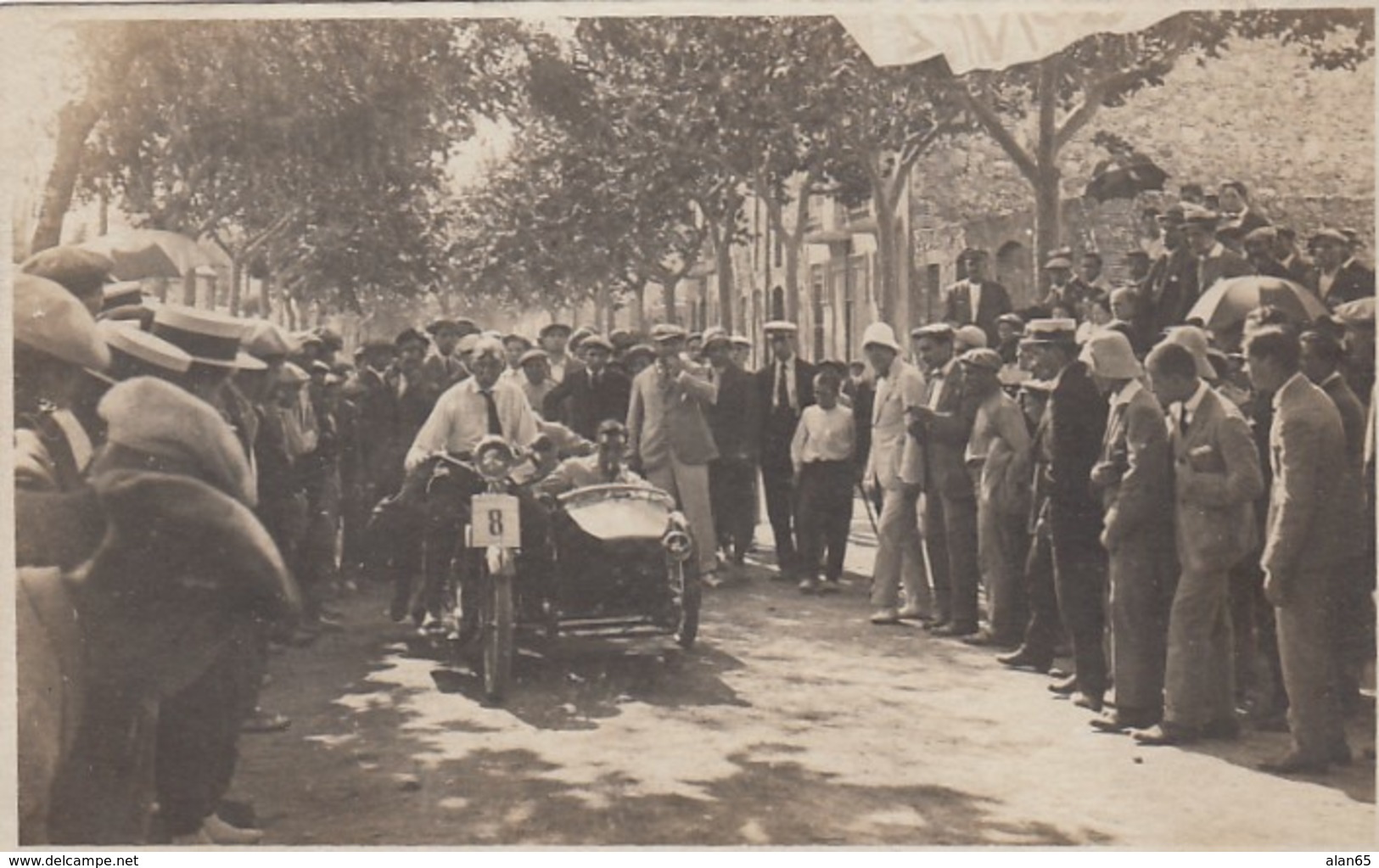 Motorcycle With Side-car In Crowd, Race? Barcelona Spain Location C1920s/30s Vintage Real Photo Postcard - Moto