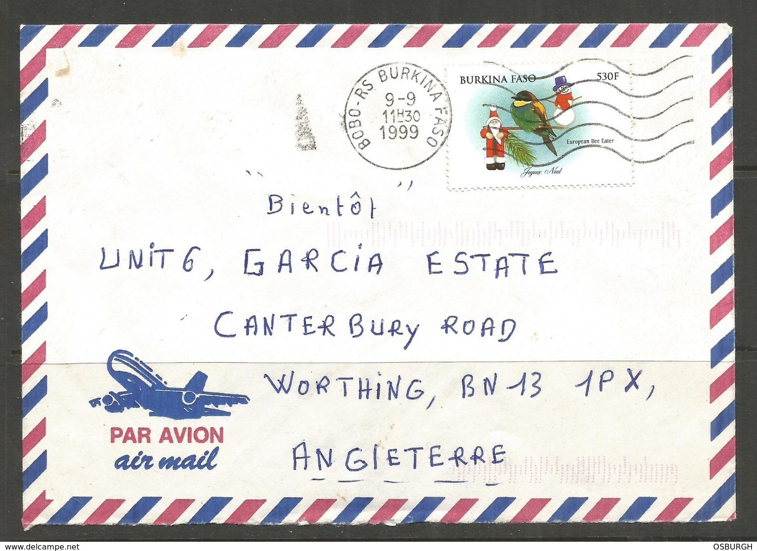 BURKINA FASO. 1999. AIR MAIL COVER. BOBO POSTMARK ON 530F CHRISTMAS STAMP. - Burkina Faso (1984-...)