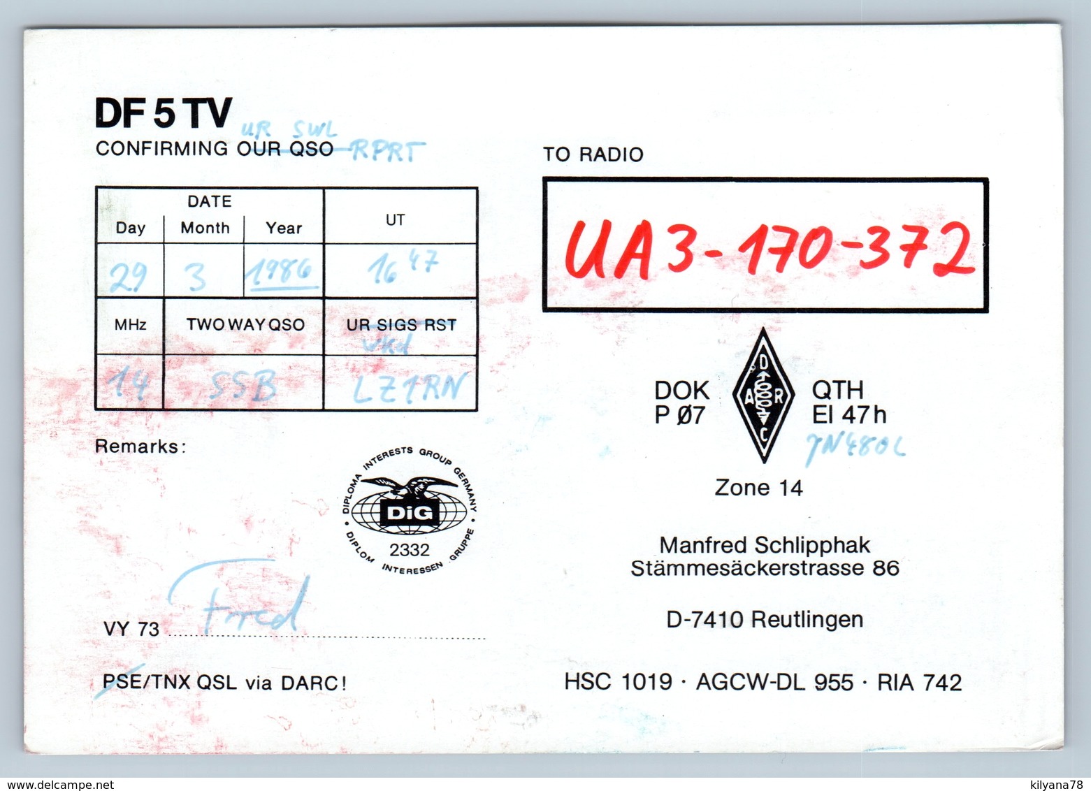 1986 QSL Radio Card: GERMANY Reutlingen DF 5TV German Amateur Station - Other & Unclassified