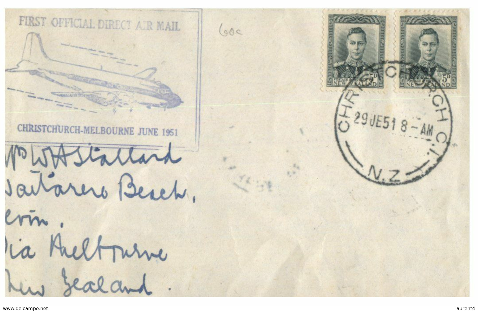 (G 27) Older FDC Cover - New Zealand To Melbourne - 1st Official Air Mail (1951) - FDC