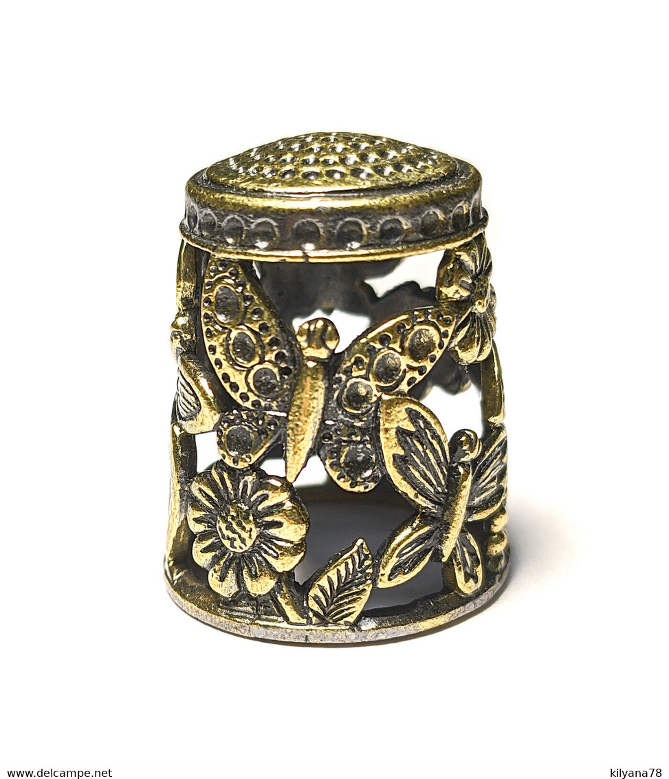Thimble BUTTERFLY FLOWERS Openwork Tracery 2 Tone Solid Brass Russian Collection - Thimbles