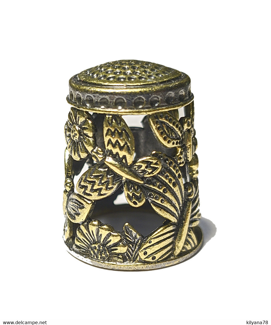 Thimble BUTTERFLY FLOWERS Openwork Tracery 2 Tone Solid Brass Russian Collection