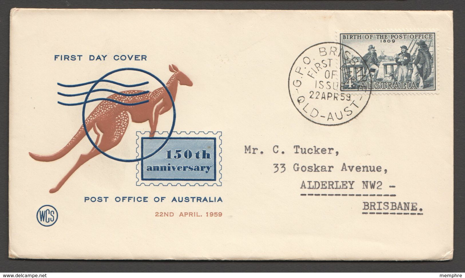 1959  Post Office 150th Ann.  WCS Cover - Brisbane First Day Cancel, - FDC