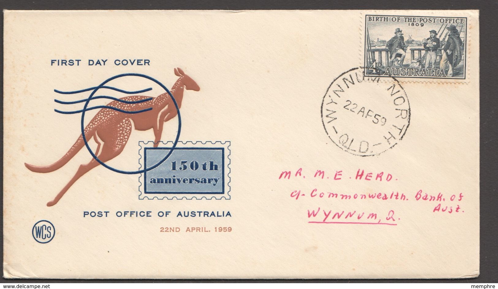 1959  Post Office 150th Ann.  WCS Cover - Wynnum QLD Cds - FDC