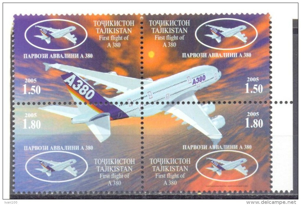 2005. Tajikistan, First Flight Of A-380, 4v Perforated, Mint/** - Tayikistán