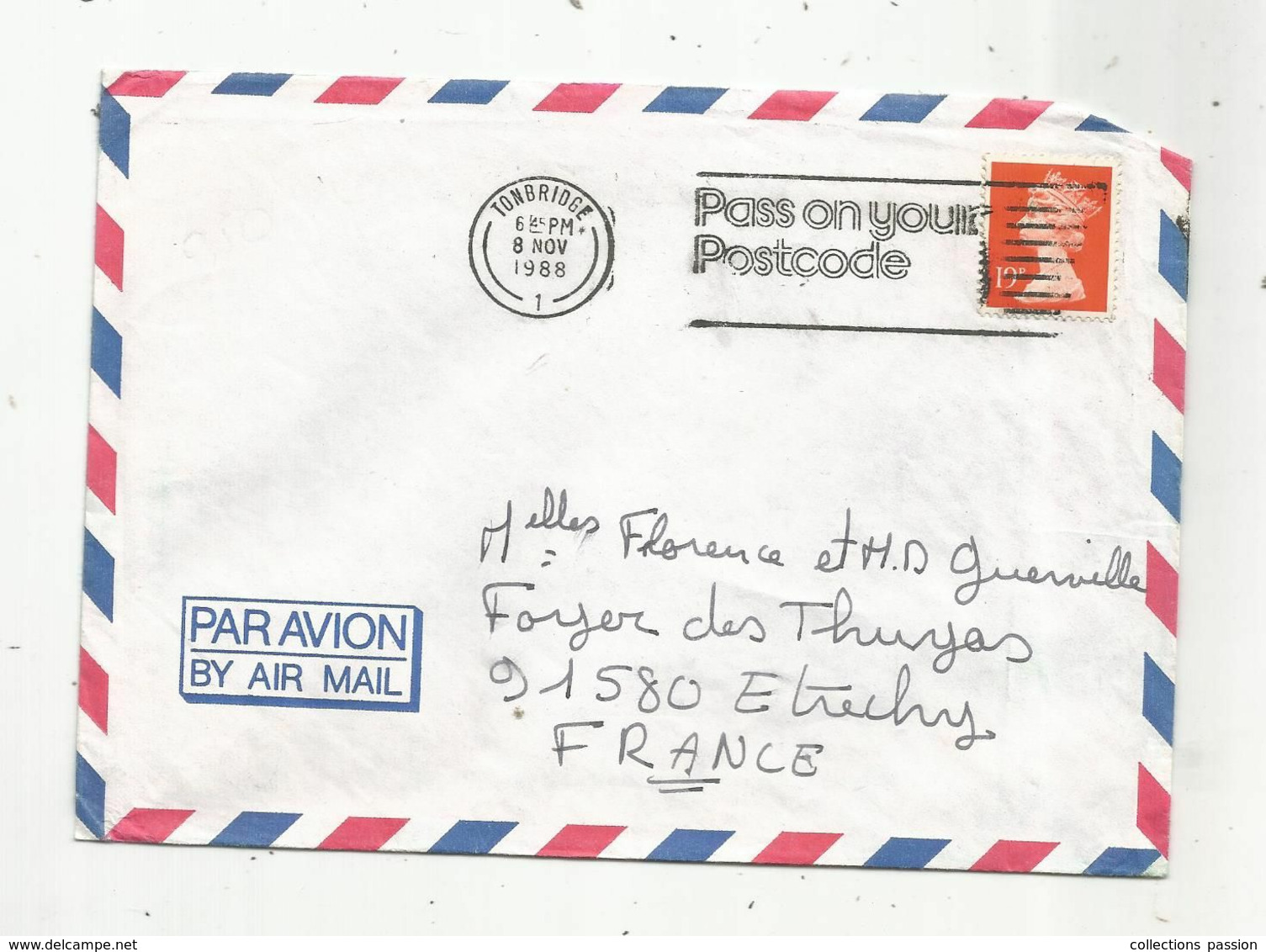 Lettre , GRANDE BRETAGNE , 1988 ,TONBRIDGE 1  , Flamme : PASS ON YOUR POSTCODE , 12 P, 2 Scans - Brieven En Documenten