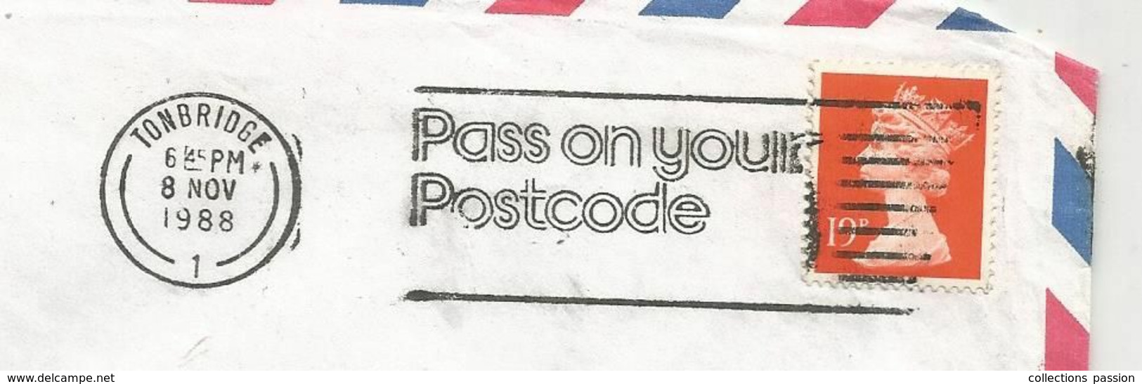 Lettre , GRANDE BRETAGNE , 1988 ,TONBRIDGE 1  , Flamme : PASS ON YOUR POSTCODE , 12 P, 2 Scans - Storia Postale