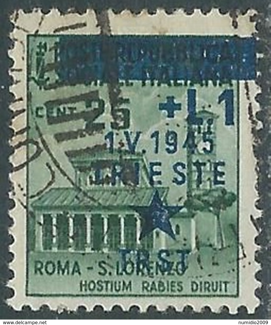 1945 OCCUP. JUGOSLAVA TRIESTE USATO 1 LIRA SU 25 CENT VARIETà SOPRASTAMPA - RA8 - Joegoslavische Bez.: Trieste