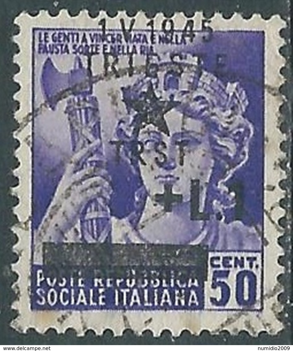 1945 OCCUP. JUGOSLAVA TRIESTE USATO 1 LIRA SU 50 CENT VARIETà SOPRASTAMPA - RA8 - Joegoslavische Bez.: Trieste