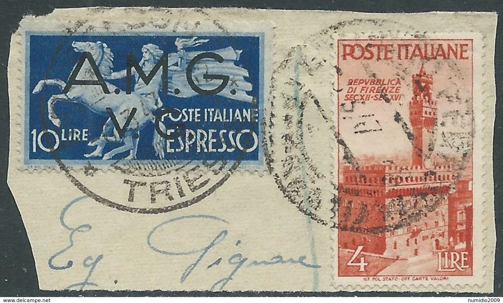 1946 TRIESTE AMG VG FRAMMENTO CON AFFRANCATURA MISTA ITALIA AVVENTO - RA6-3 - Poststempel