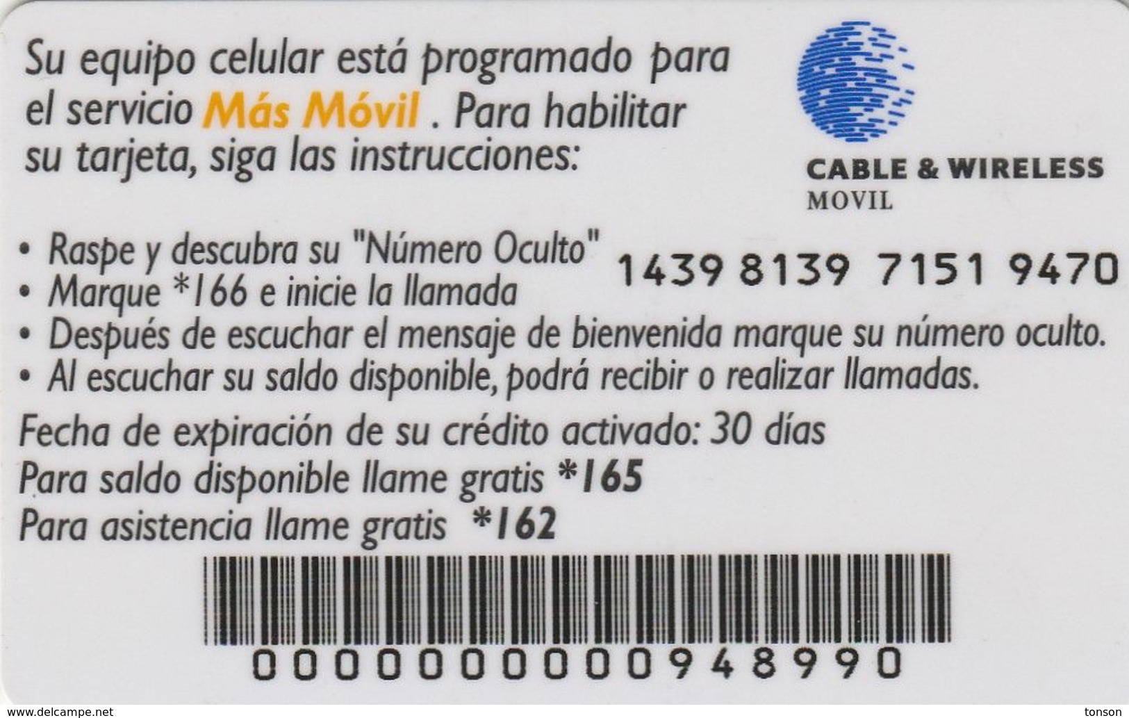 Panama, PAN-C&W-203C, Mas Movil. Prepago Celular - Simplificate, 2 Scans. - Panama