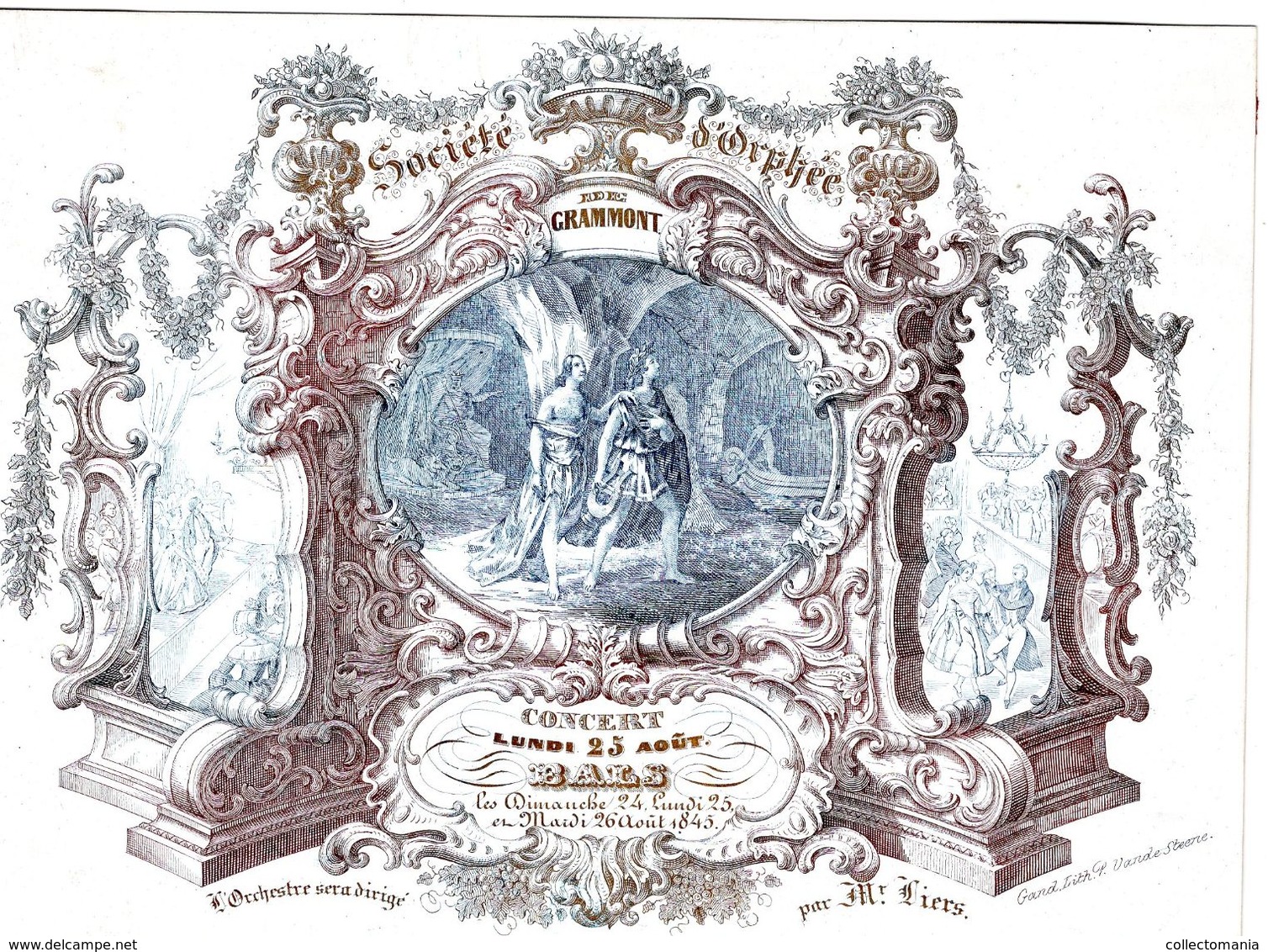 1 Carte Porcelaine  Société D'Orphée  Grammont   Geeraardsbergen  1845  Concert Bals  Litho Vande Steene Gand - Porcelana