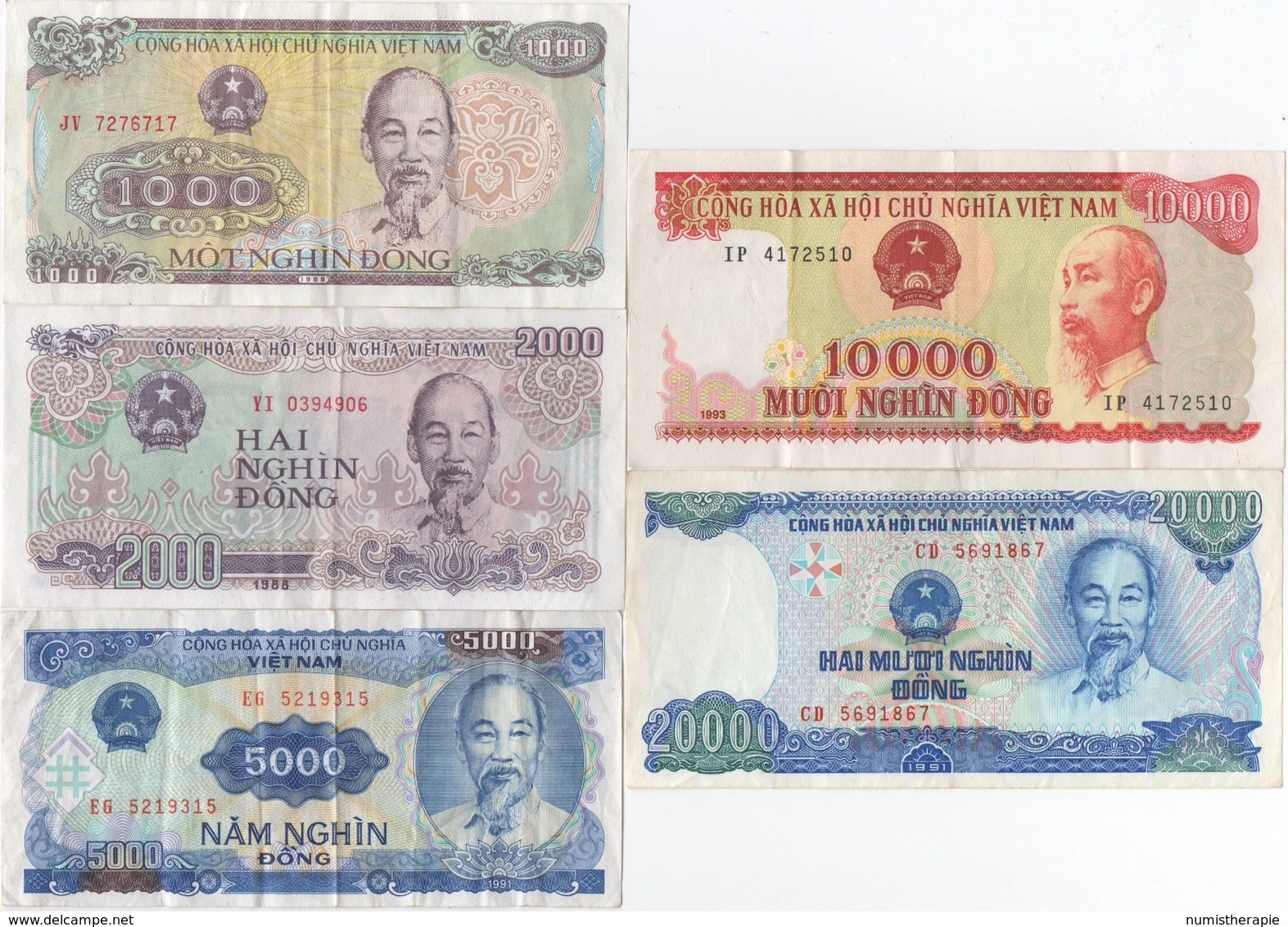 Viêt-Nam : Série De 5 Billets 1988-1993 : 1000 - 2000 - 5000 - 10000 - 20000 Dông (bon état X 5) - Vietnam