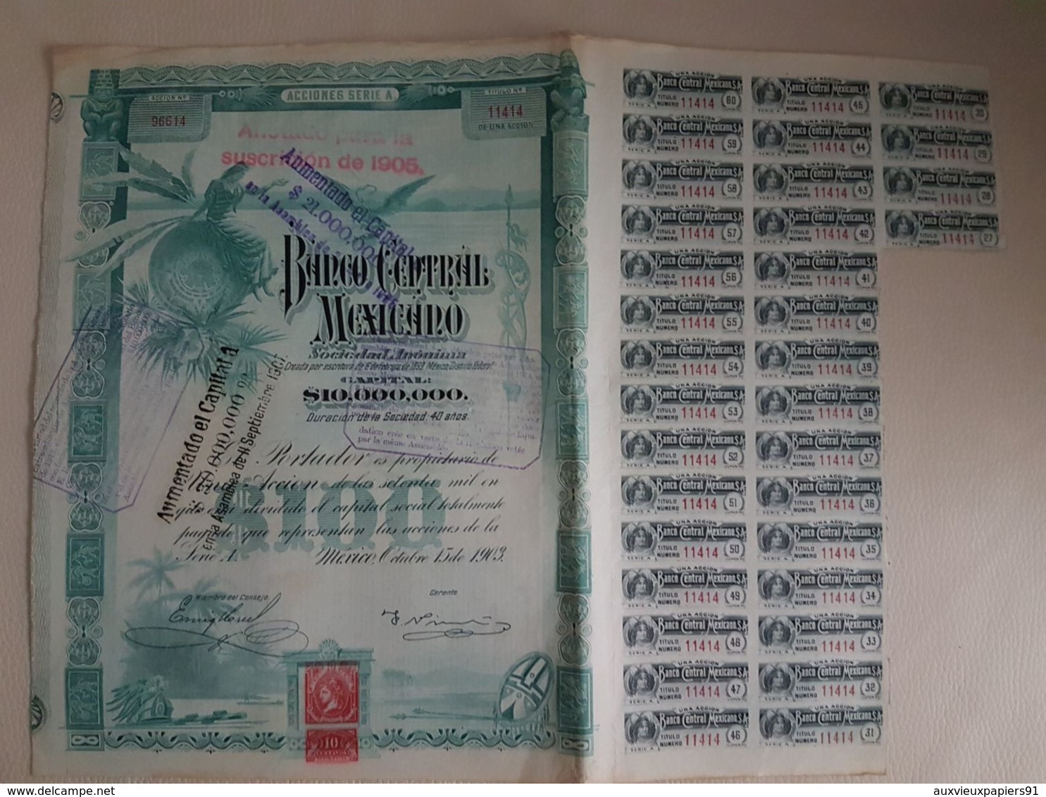 Fiscal (Fiscaux) - Action Banco Central Mexicano De 100 Pesos - 1903 - Série A - Timbre Entier Fiscal De 10 Centavos - Banque & Assurance