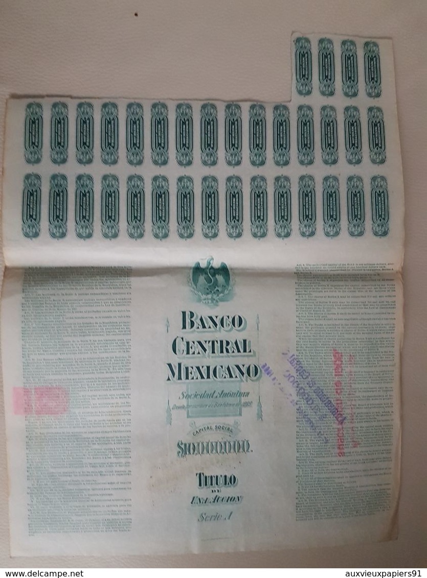 Fiscal (Fiscaux) - Action Banco Central Mexicano De 100 Pesos - 1903 - Série A - Timbre Entier Fiscal De 10 Centavos - Banque & Assurance