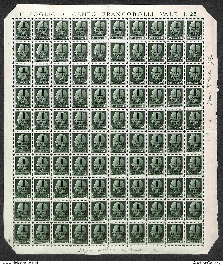 RSI - PROVVISORI - ROMA - 1944 - 25 Cent (491) - Intero Foglio Di 100 - Gomma Integra - Parziale Leggero Decalco - Other & Unclassified