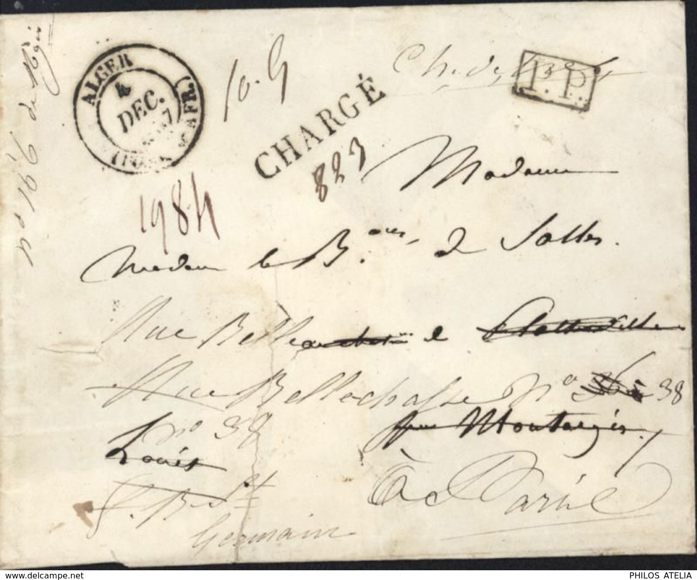 Chargée 1837 CAD Alger (Poss D'Afr) 4 12 37 + Chargé Noir + P.P. Noir Pour Montargis Verso Purifié à Toulon Purification - 1801-1848: Vorläufer XIX