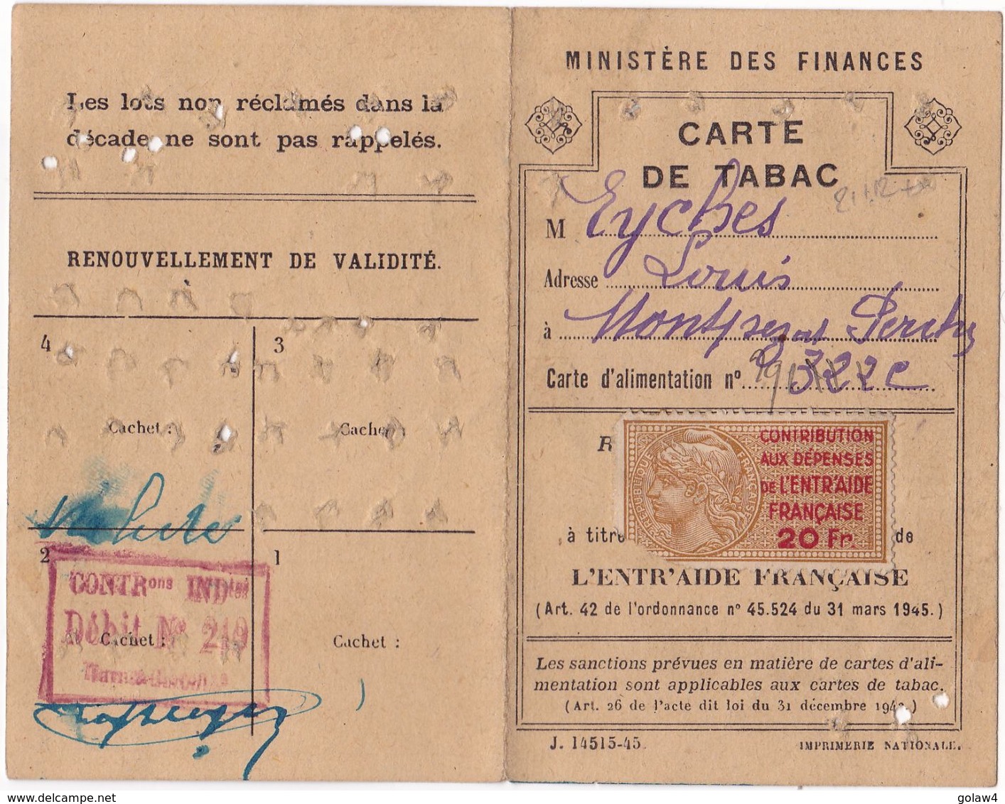 21112# TIMBRE FISCAL CONTRIBUTION AUX DEPENSES DE L' ENTRAIDE FRANCAISE / CARTE DE TABAC De MONTPEZAT TARN ET GARONNE - Storia Postale