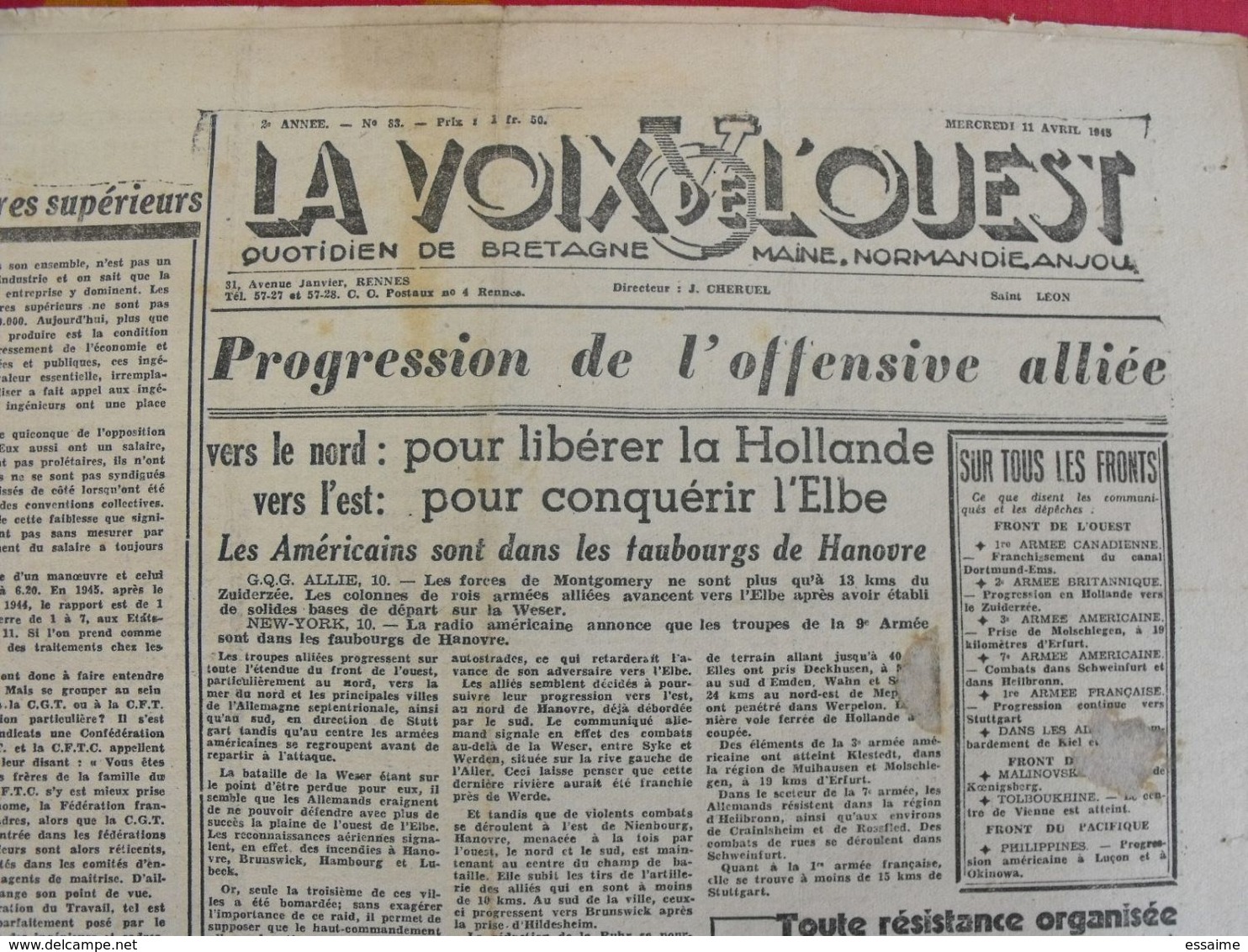 Journal La Voix De L'Ouest N° 83 Du 11 Avril 1945. Rennes Guerre Américains à Hanovre Argentine De Gaulle - War 1939-45